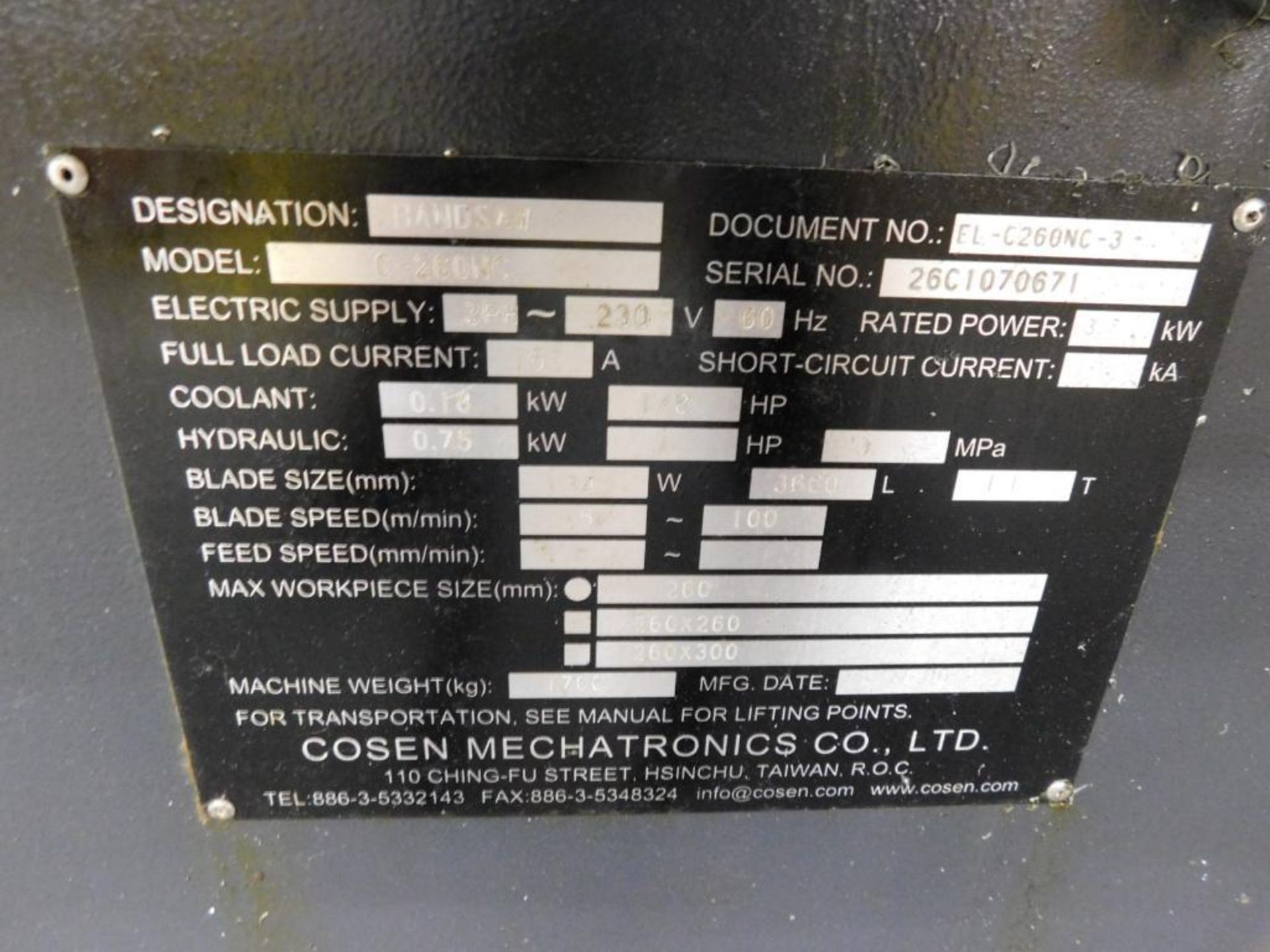 Cosen Mechatronics C-260NC Horizontal Metal Cutting Band Saw Coolant System S/N 26C1070671 (2018), H - Image 13 of 15