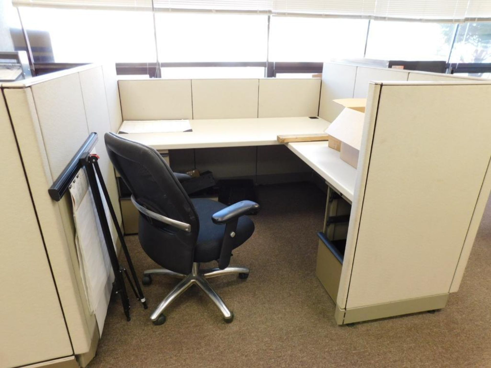 LOT: Contents of Front Offices: (10) Cubicle Work Stations, (8) Desks, (20) Chairs, 4' x 12' Confere - Image 11 of 27