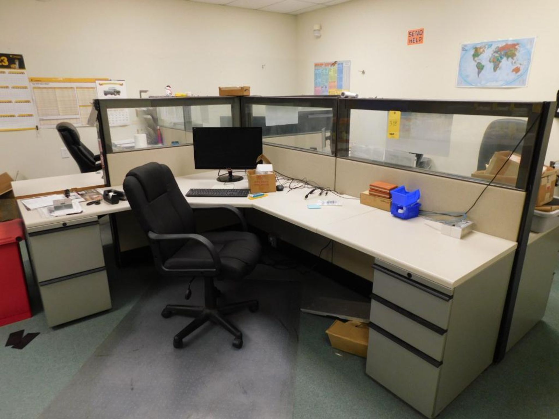 LOT: Contents of Front Offices: (10) Cubicle Work Stations, (8) Desks, (20) Chairs, 4' x 12' Confere - Image 23 of 27