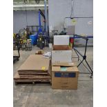 LOT: Pallet of Cardboard Sheets, Assorted Shipping Boxes, Roll of Packaging Foam, Material Roll Disp