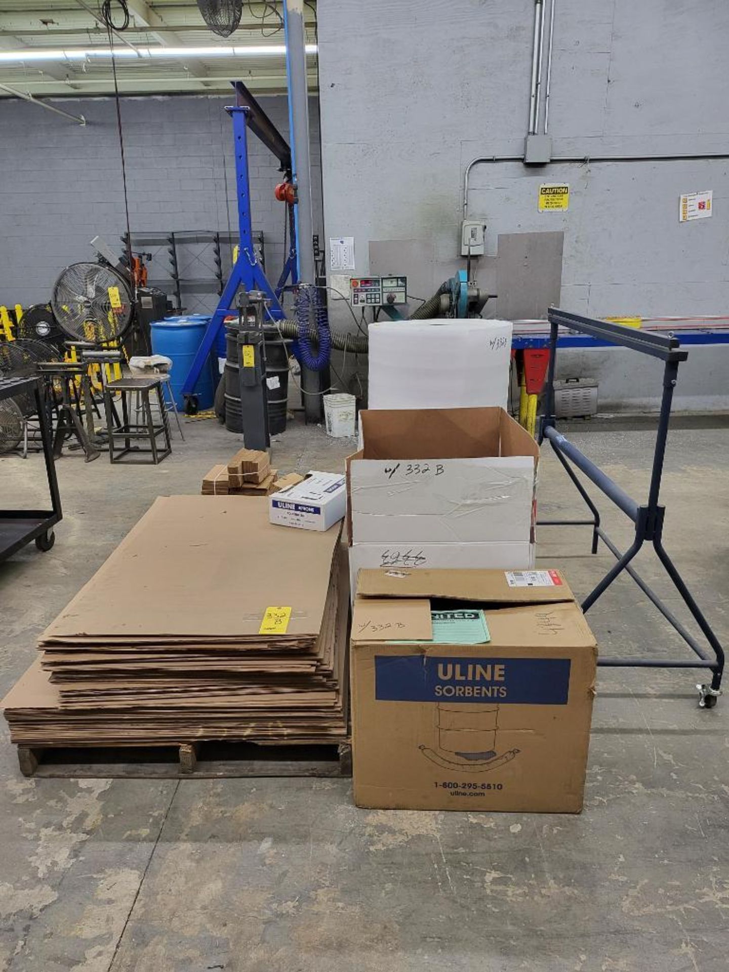LOT: Pallet of Cardboard Sheets, Assorted Shipping Boxes, Roll of Packaging Foam, Material Roll Disp