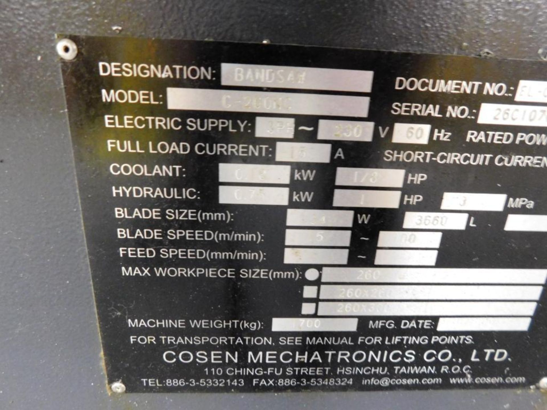 Cosen Mechatronics C-260NC Horizontal Metal Cutting Band Saw Coolant System S/N 26C1070671 (2018), H - Image 14 of 15