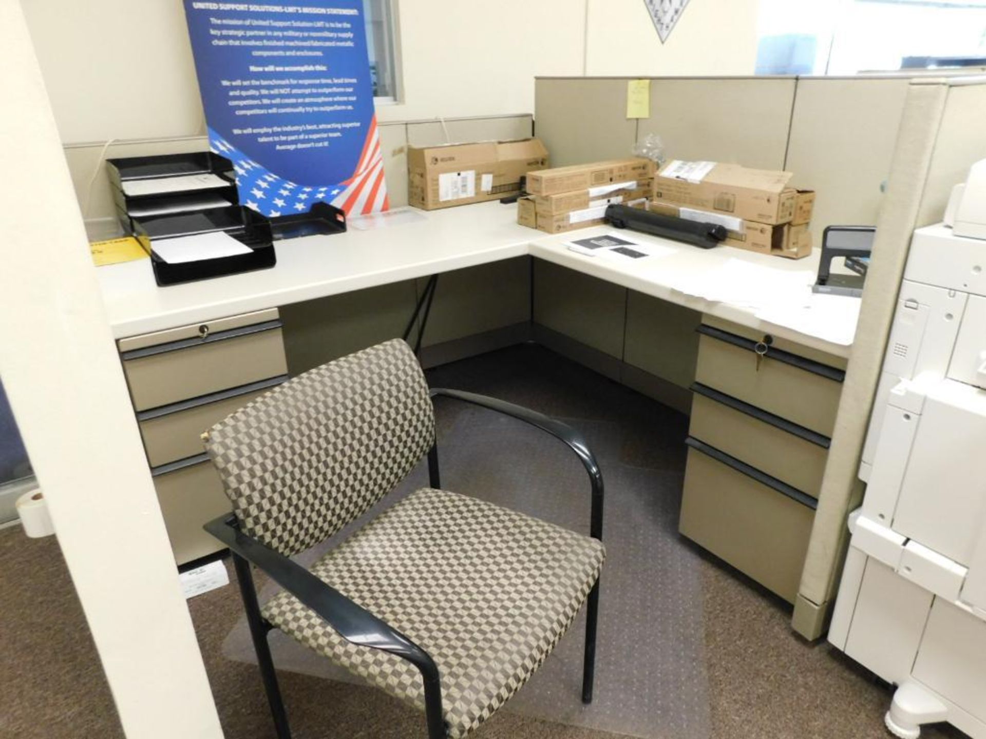 LOT: Contents of Front Offices: (10) Cubicle Work Stations, (8) Desks, (20) Chairs, 4' x 12' Confere - Image 8 of 27