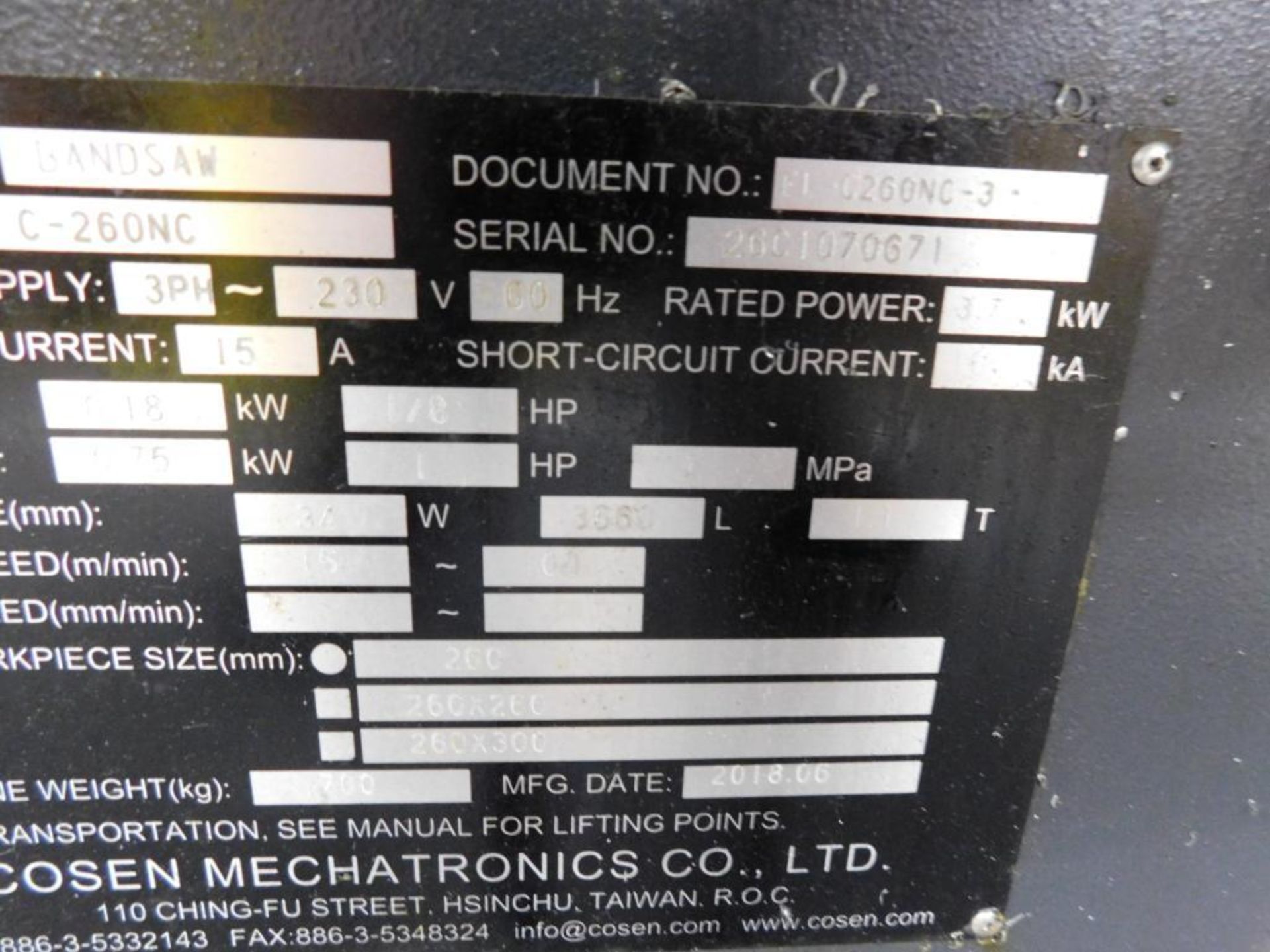 Cosen Mechatronics C-260NC Horizontal Metal Cutting Band Saw Coolant System S/N 26C1070671 (2018), H - Image 15 of 15