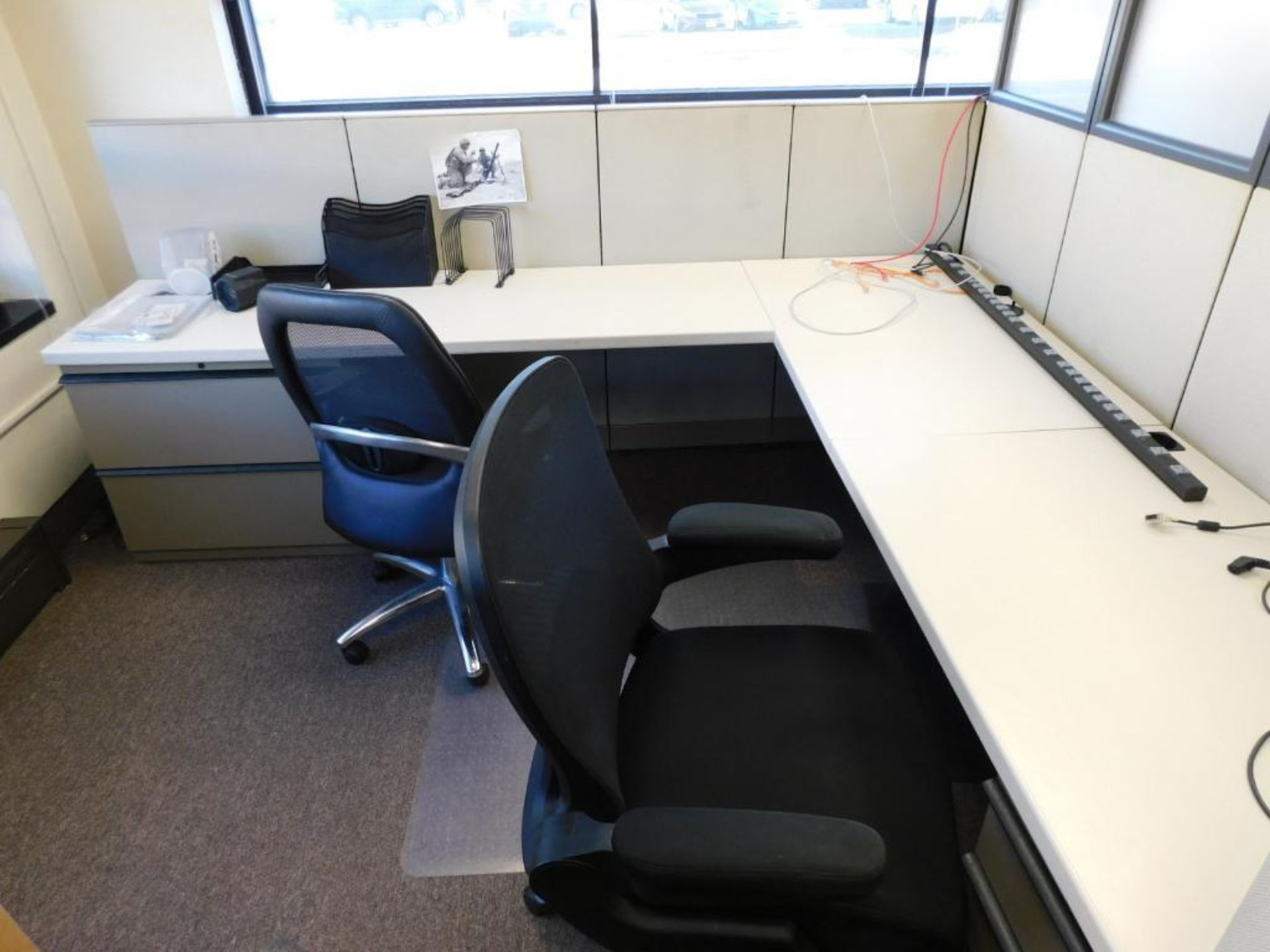 LOT: Contents of Front Offices: (10) Cubicle Work Stations, (8) Desks, (20) Chairs, 4' x 12' Confere - Image 16 of 27