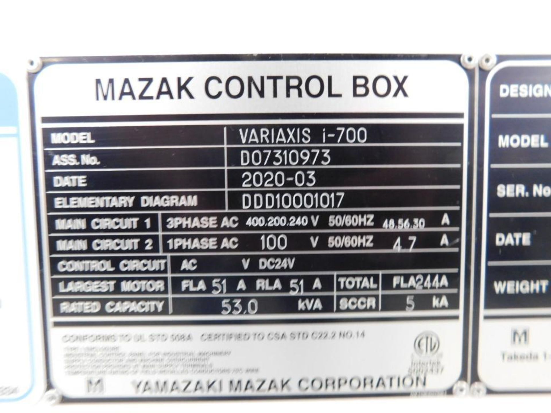 Mazak Variaxis i700 5-Axis CNC Vertical Machining Center, Smooth X CNC Control, Travels: X-24.8", Y- - Image 12 of 12