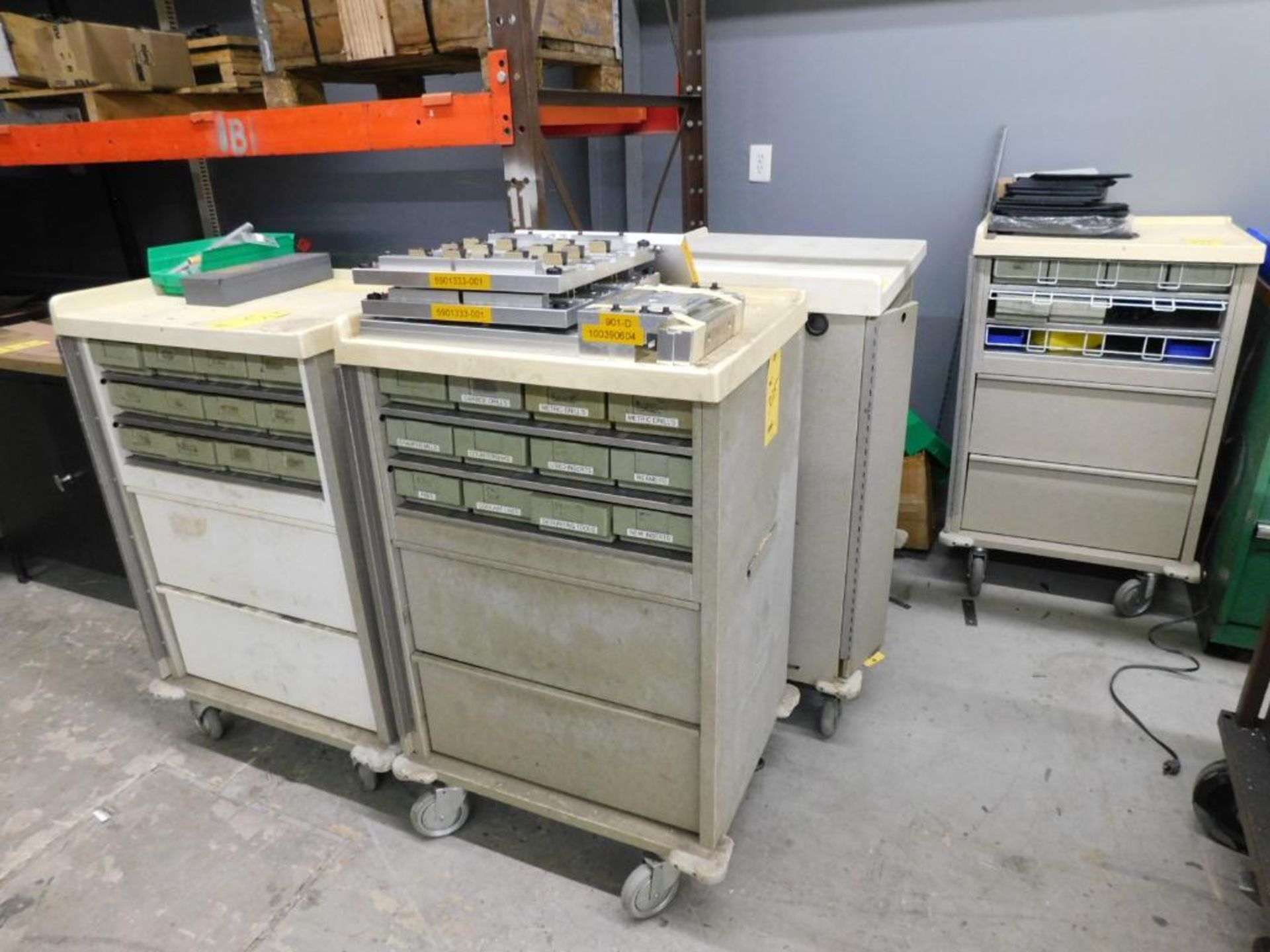 LOT: (4) Rolling Tool Cabinets W/Contents of Clamping Accessories, Punches, Stamps, Aluminum Fixture