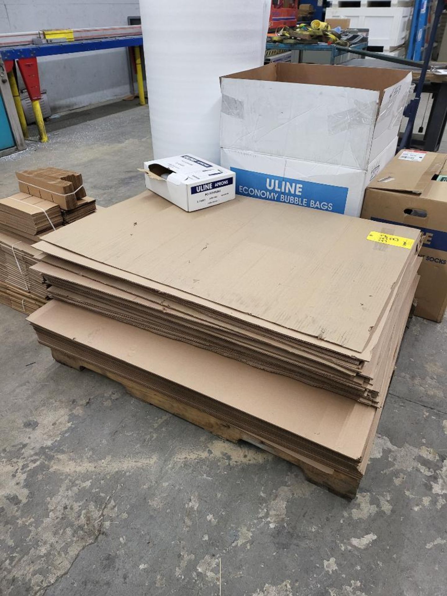 LOT: Pallet of Cardboard Sheets, Assorted Shipping Boxes, Roll of Packaging Foam, Material Roll Disp - Image 2 of 6
