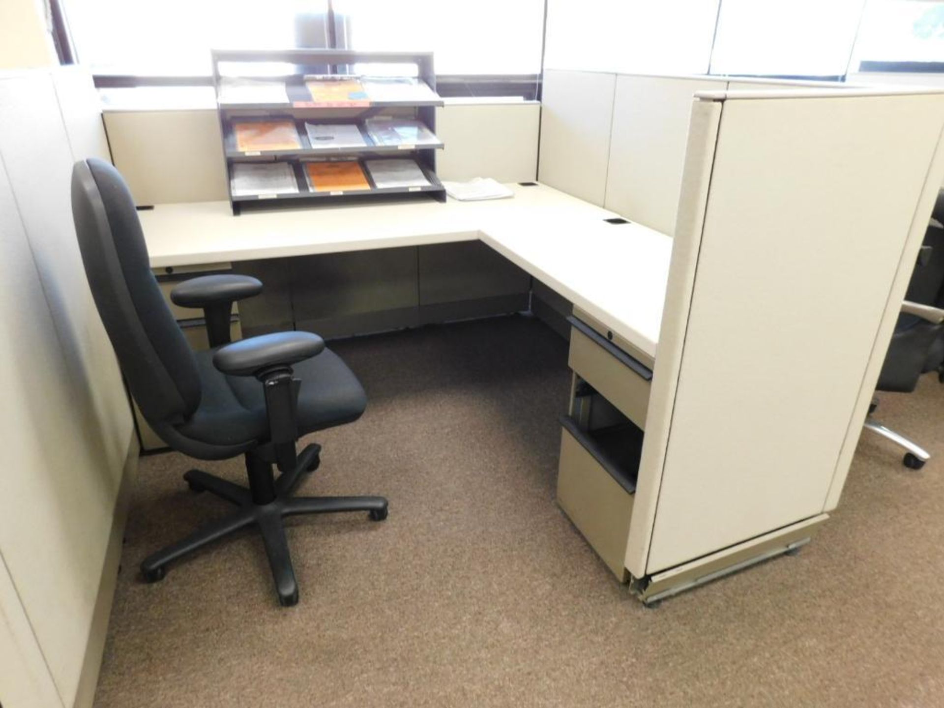 LOT: Contents of Front Offices: (10) Cubicle Work Stations, (8) Desks, (20) Chairs, 4' x 12' Confere - Image 10 of 27