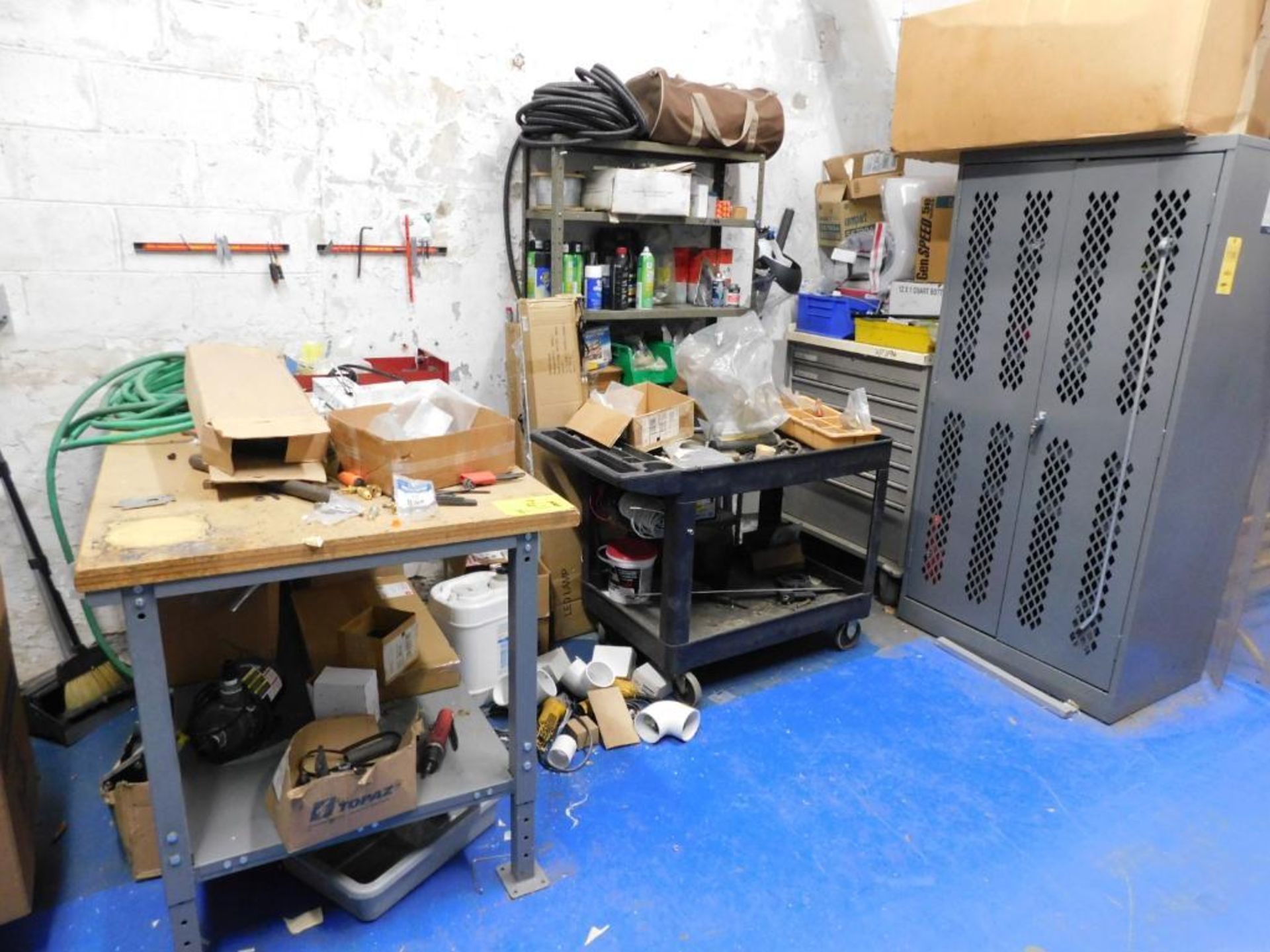 LOT: (3) Cabinets, (2) Shelving Units, Work Bench w/Contents of Wire, Electrical & Plumbing Accessor