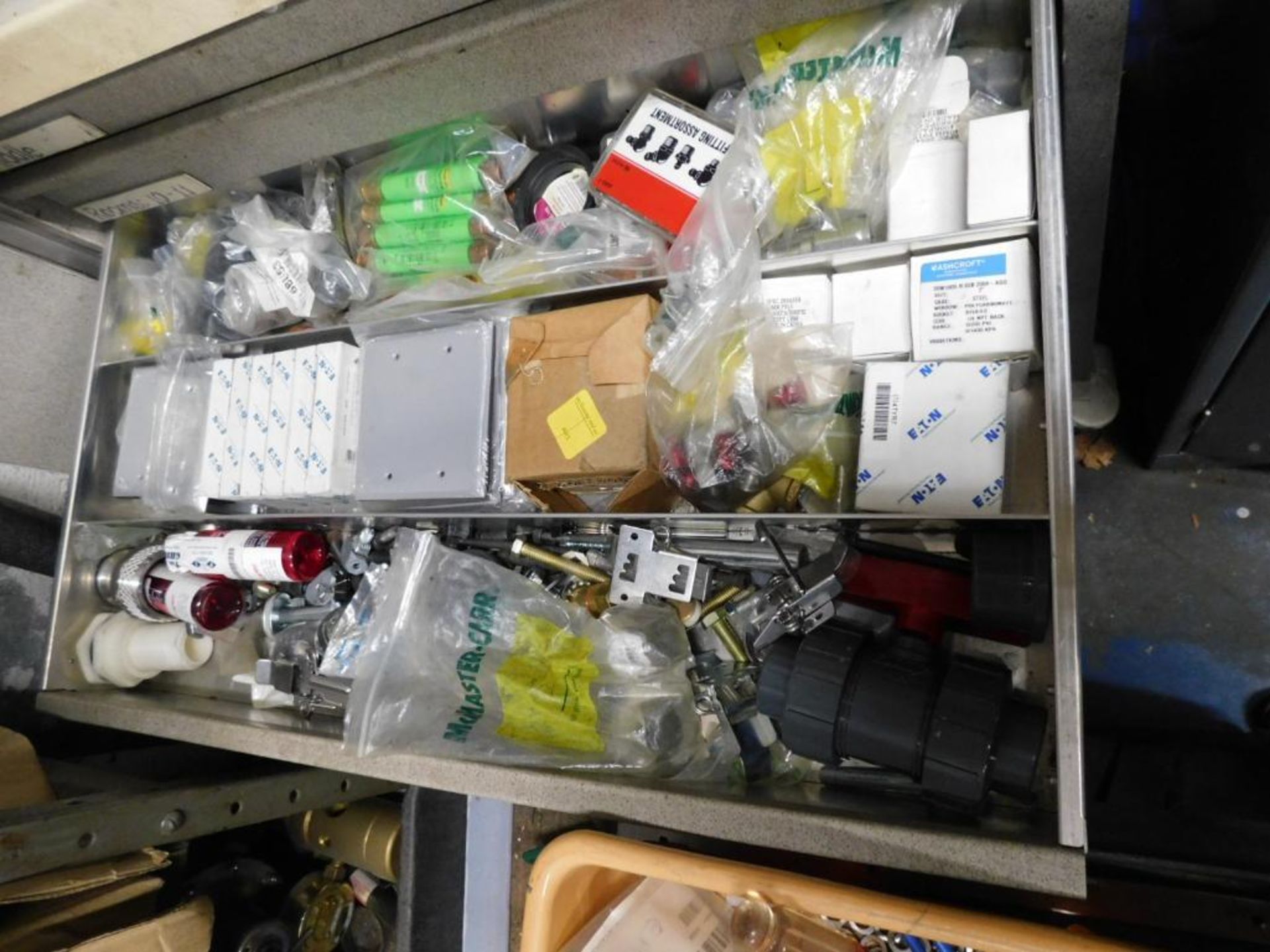 LOT: (3) Cabinets, (2) Shelving Units, Work Bench w/Contents of Wire, Electrical & Plumbing Accessor - Image 13 of 21