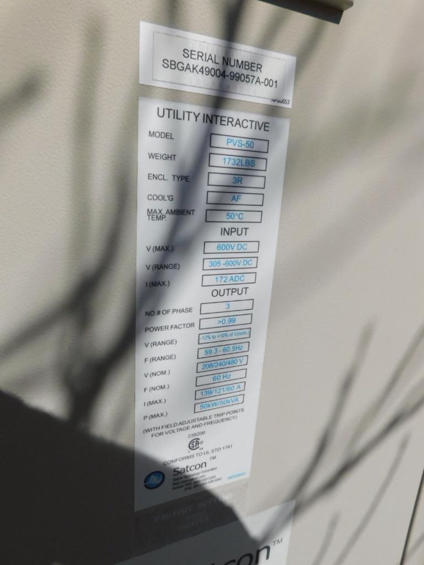 Satcon PVS-50, 480 Volt Output Solar Panel Transformer w/Satcon Control - Image 4 of 6