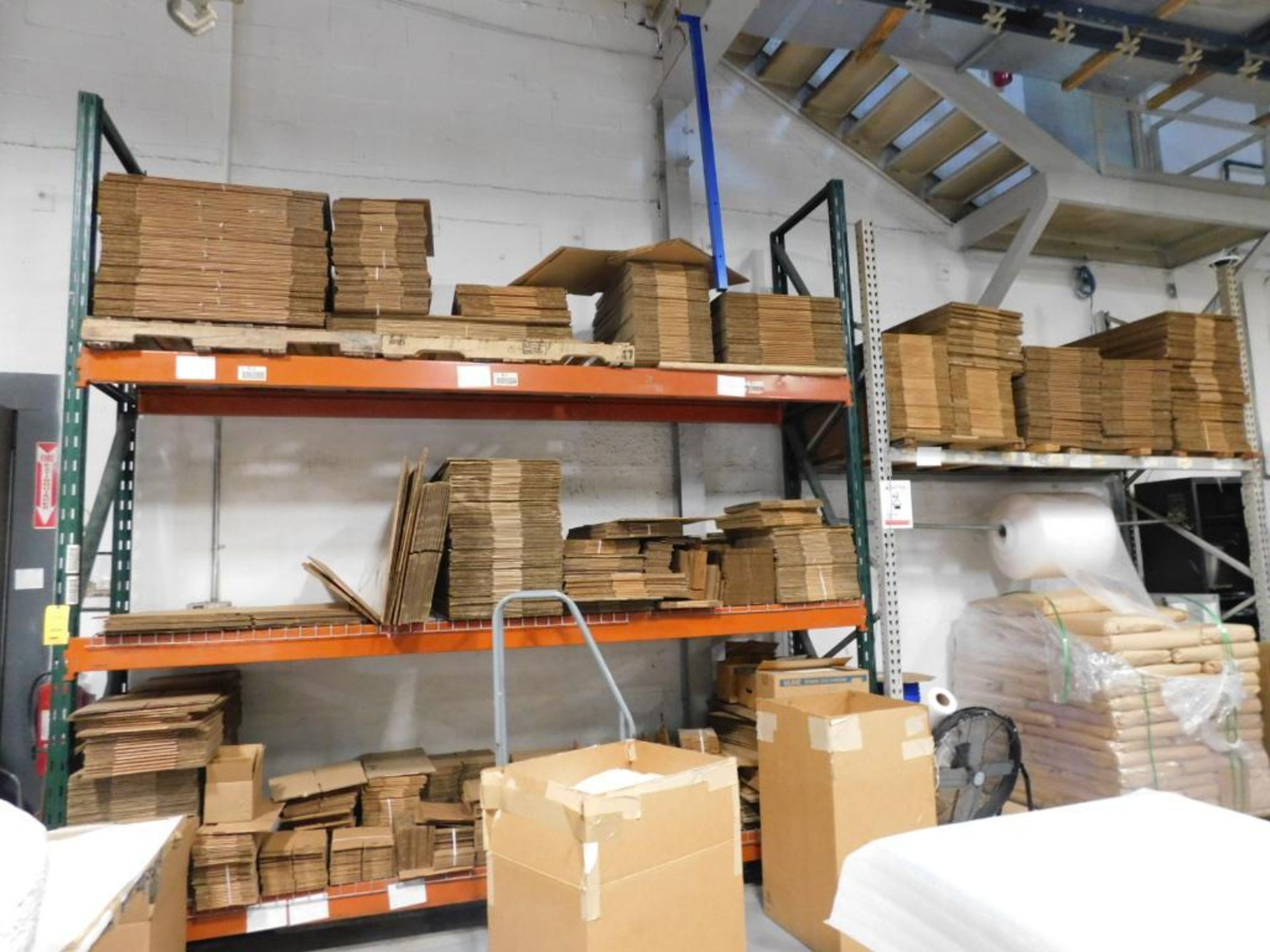 LOT: (2) Sections Pallet Rack w/Contents of Shipping Supplies, (4) Assembly Tables
