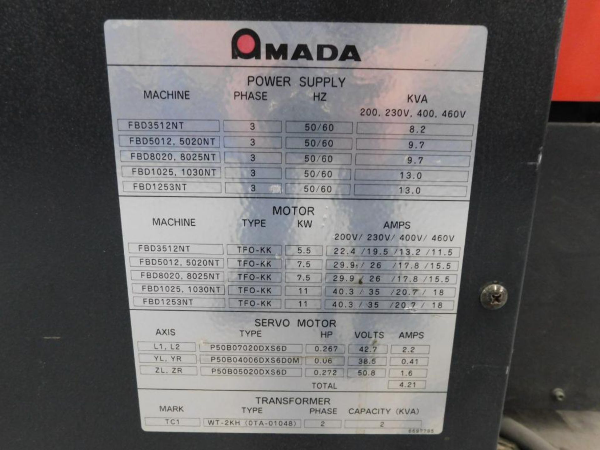 Amada FBDIII-1025 110 Ton x 8' CNC Press Brake, AMNC 7 Axis CNC Control, 98.6" Max. Bending Length, - Image 11 of 13