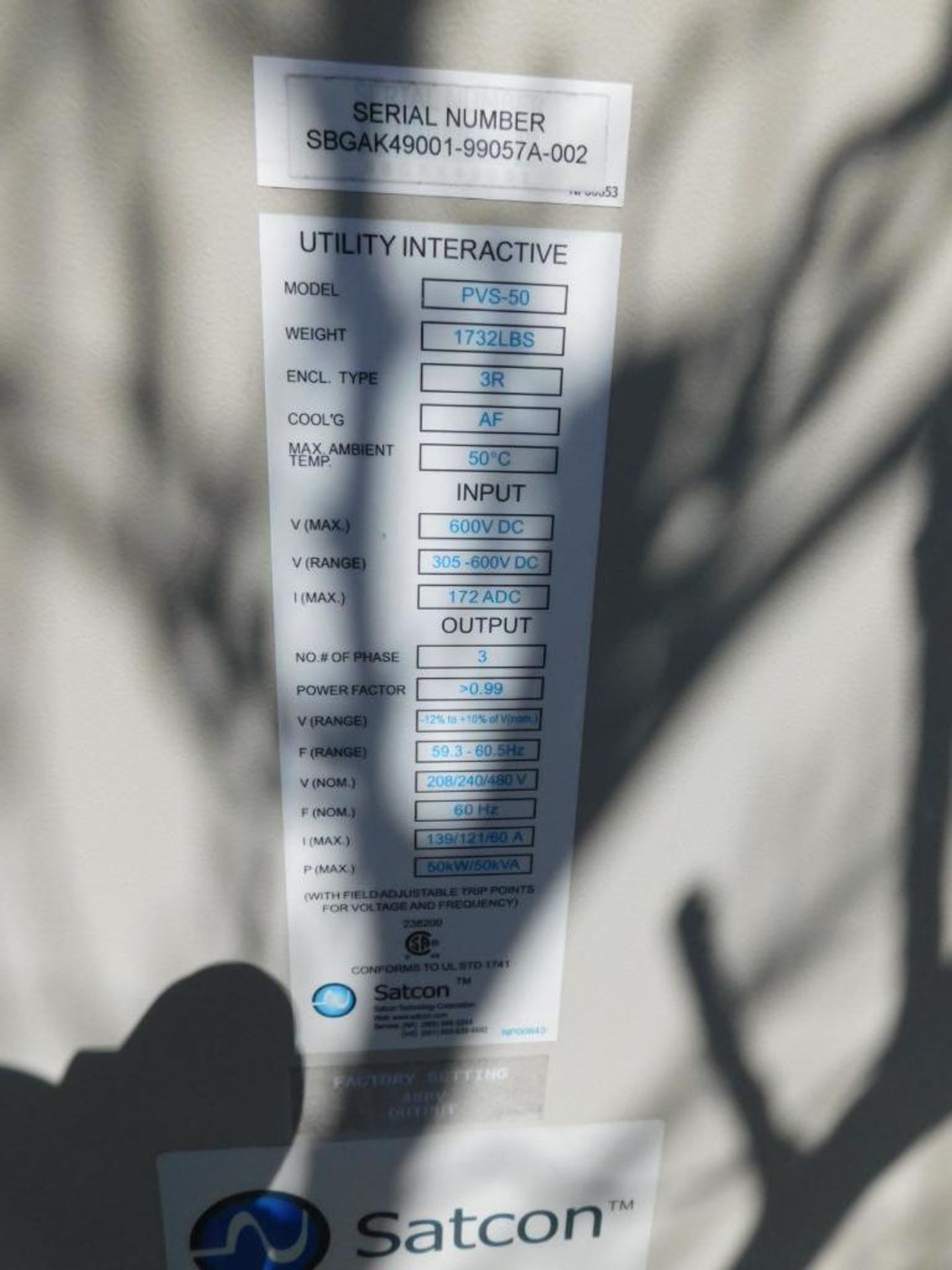 Satcon PVS-50, 480 Volt Output Solar Panel Transformer w/Satcon Control - Image 6 of 8