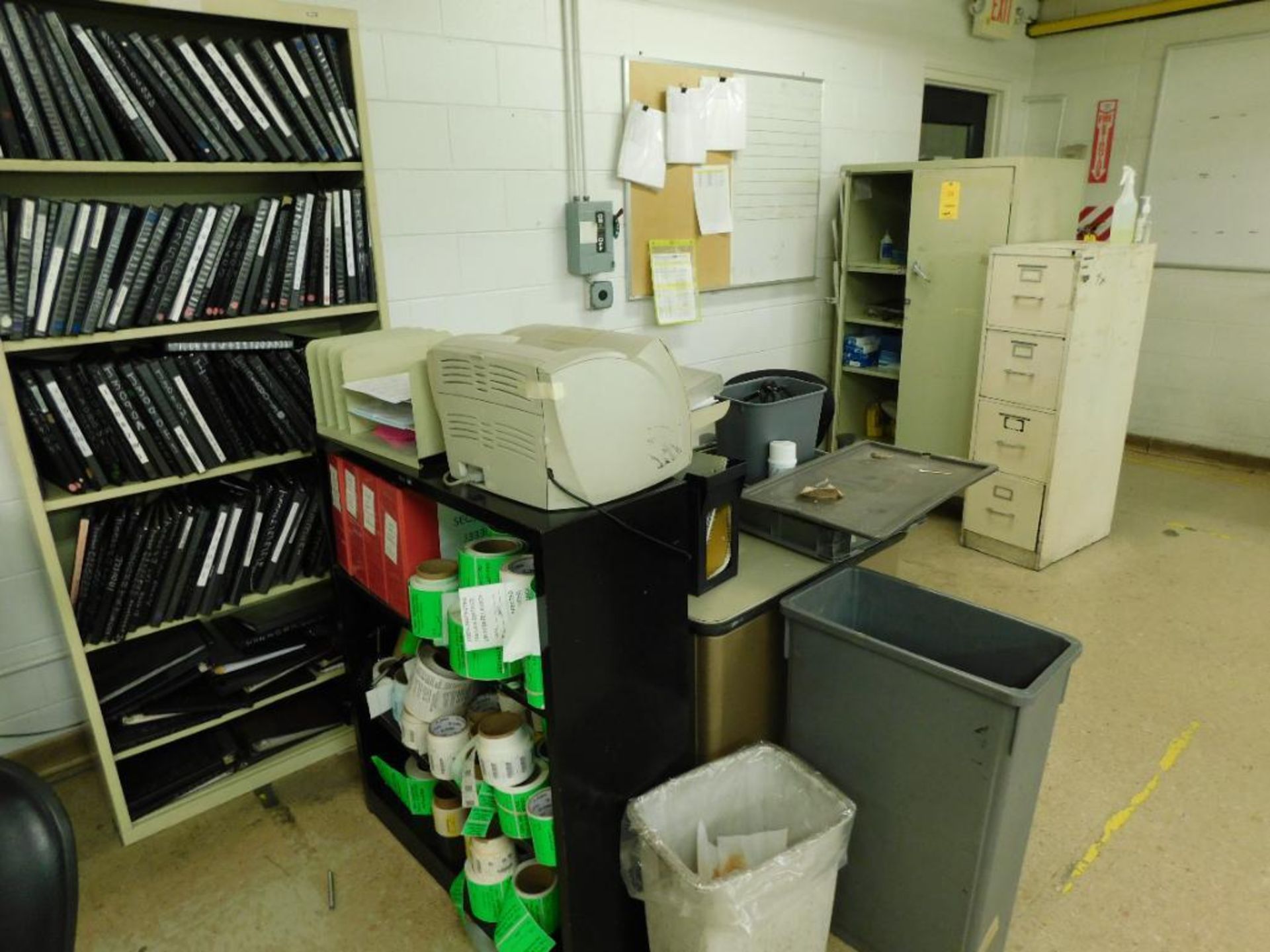 LOT: Rolling Steel Cabinet, (2) Shelving Units, (2) File Cabinets, Desk