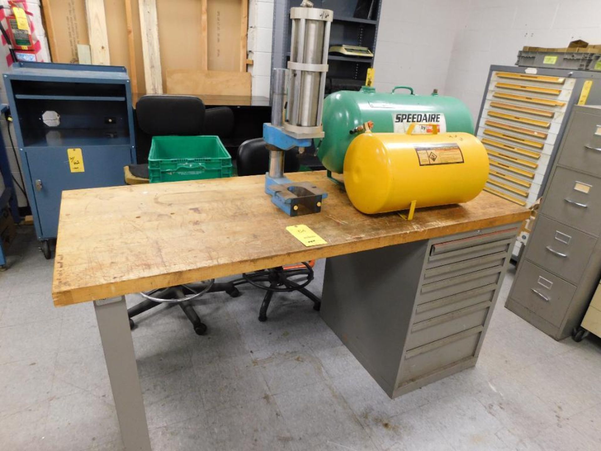 LOT: Maple Top Workbench w/(2) Air Tanks, Pneumatic Press