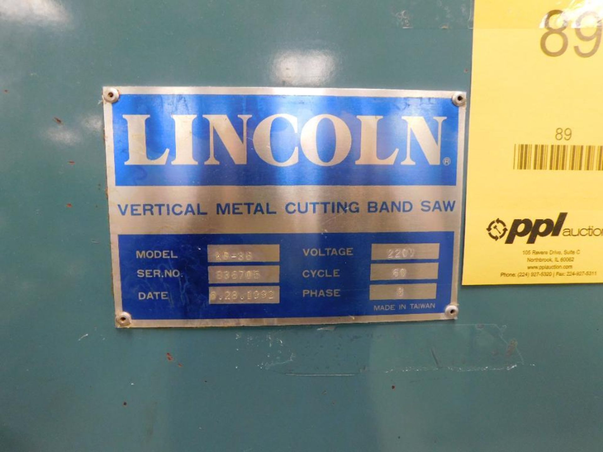 Lincoln KB-36 Vertical Metal Cutting Band Saw, Tilt Table, 14" Throat, Blade Welder, S/N 836705 - Image 3 of 3