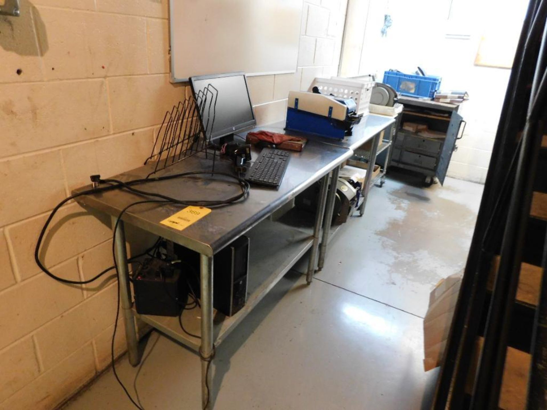 LOT: Contents of Stairwell Room: (2) Stainless Steel Tables, Rolling Shop Cart, File Cabinets, Shelv