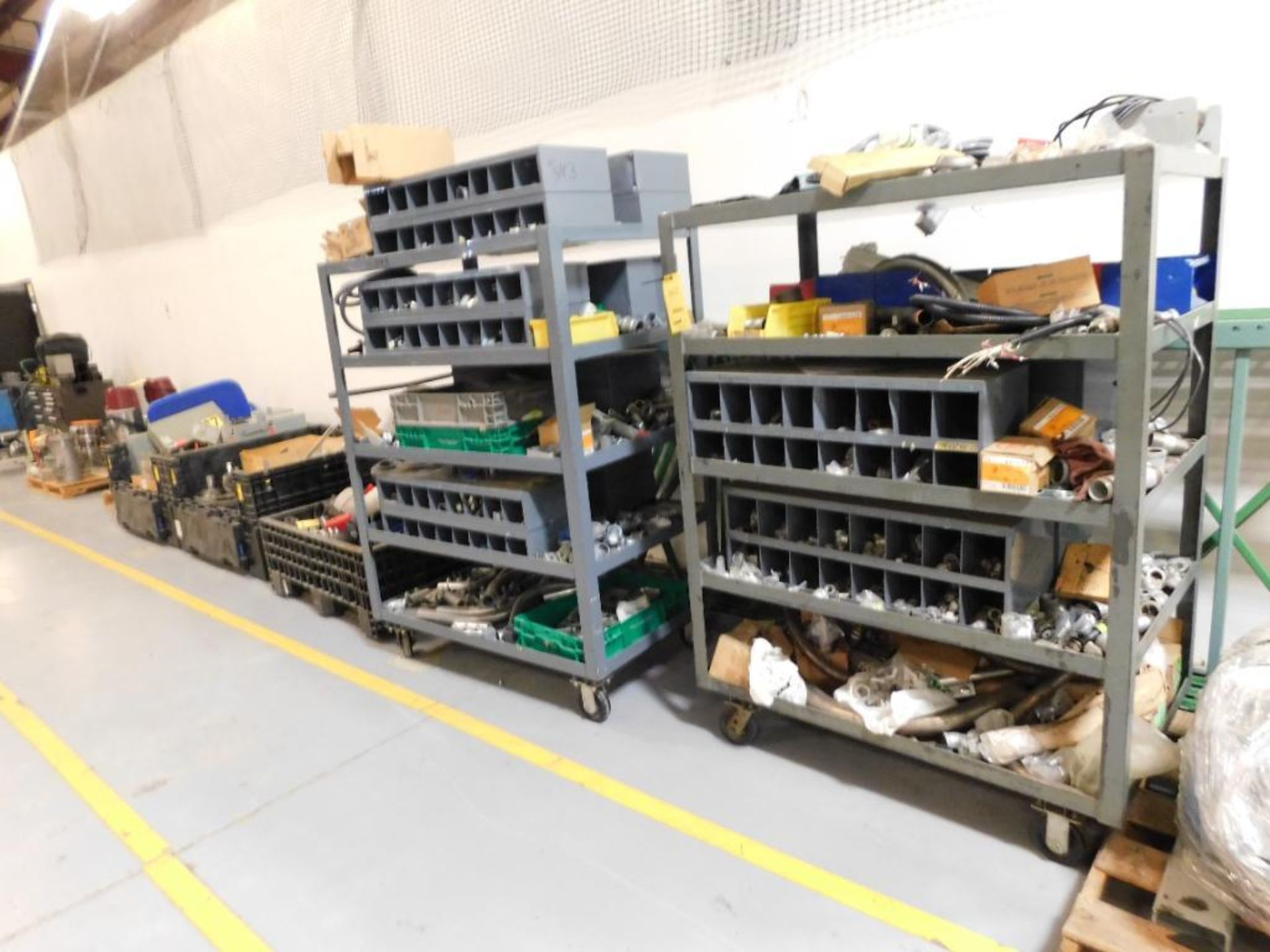 LOT: (2) Carts w/Electrical Supplies, (3) Totes, (1) Pallet of PVC Valves, Heater Elements, Electric