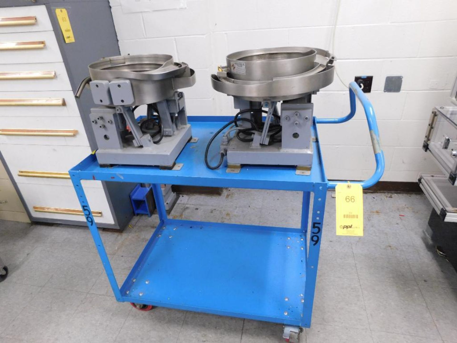LOT: (2) Mid-West Vibratory Parts Feeders on Steel Cart