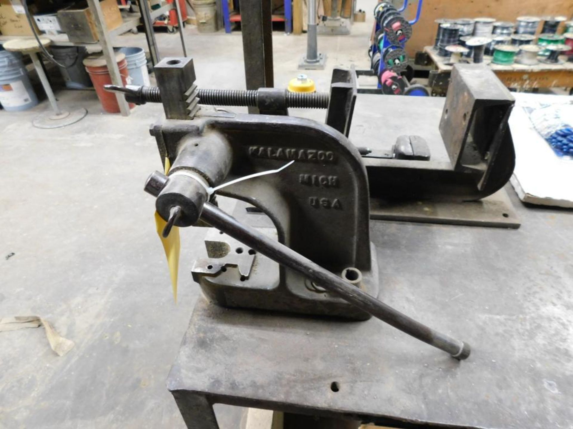 LOT: Fabrication Table w/6" Jaw Morgan Vise, Small Arbor Press, Balancing Stand, Assorted Saw Blades - Image 2 of 10