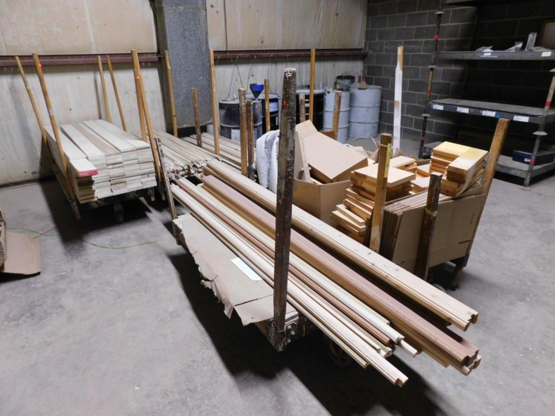 LOT: (6) Carts, (3) Racks w/Contents of Assorted Clear Poplar & Pine Wood