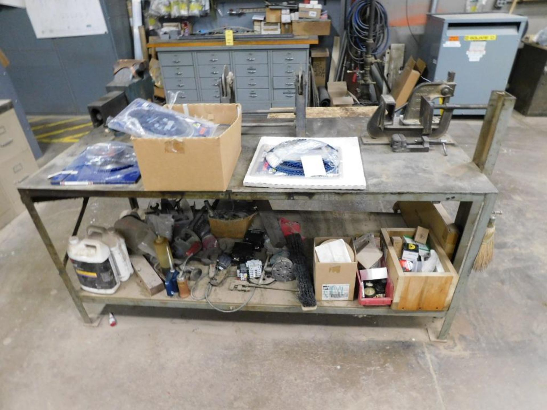 LOT: Fabrication Table w/6" Jaw Morgan Vise, Small Arbor Press, Balancing Stand, Assorted Saw Blades - Image 10 of 10
