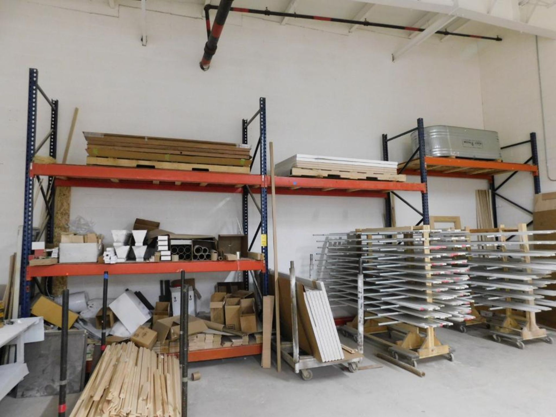 LOT: (3) Sections Pallet Rack, 12' x 9' x 42" w/Contents of Galvanized Tub, Saw Horses, Packing Supp