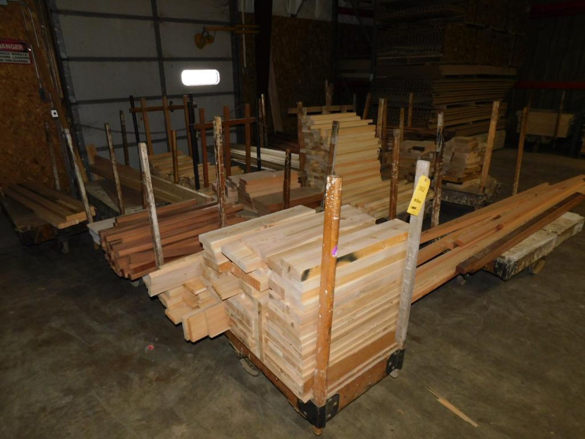 LOT: (11) Rolling Shop Carts w/Assorted Mahogany, Poplar & Pine Boards