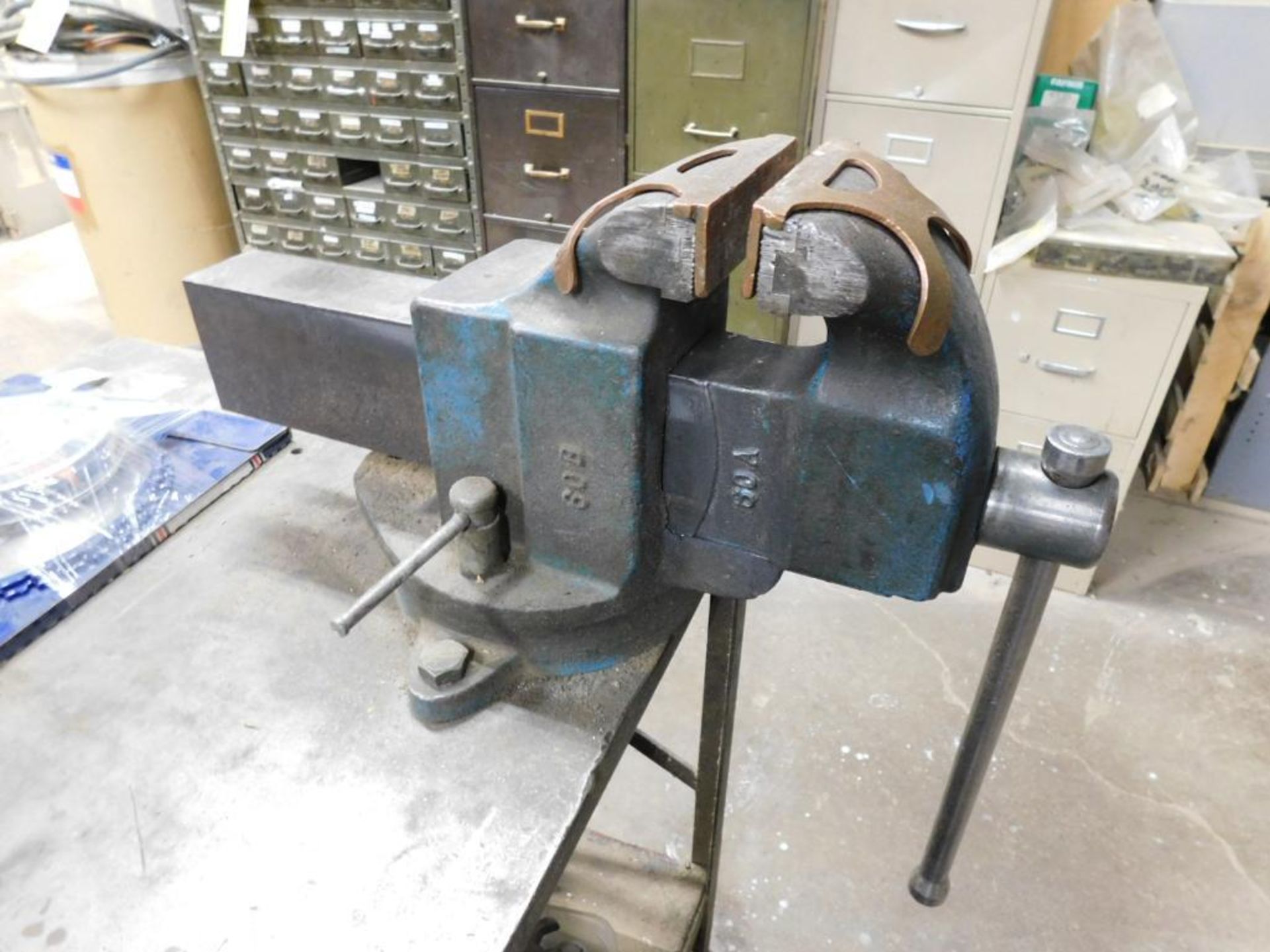 LOT: Fabrication Table w/6" Jaw Morgan Vise, Small Arbor Press, Balancing Stand, Assorted Saw Blades - Image 5 of 10