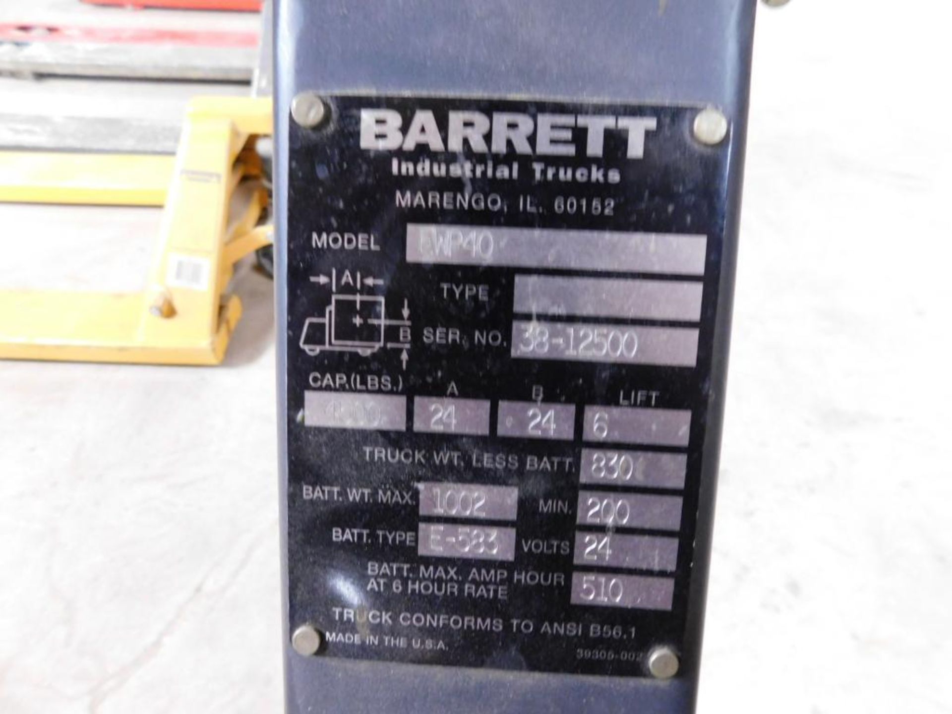 Barrett Walk Behind Electrohydraulic Pallet Jack, Model EWP-40, S/N 38-12500, 24v System, 4500 lb. t - Image 5 of 5