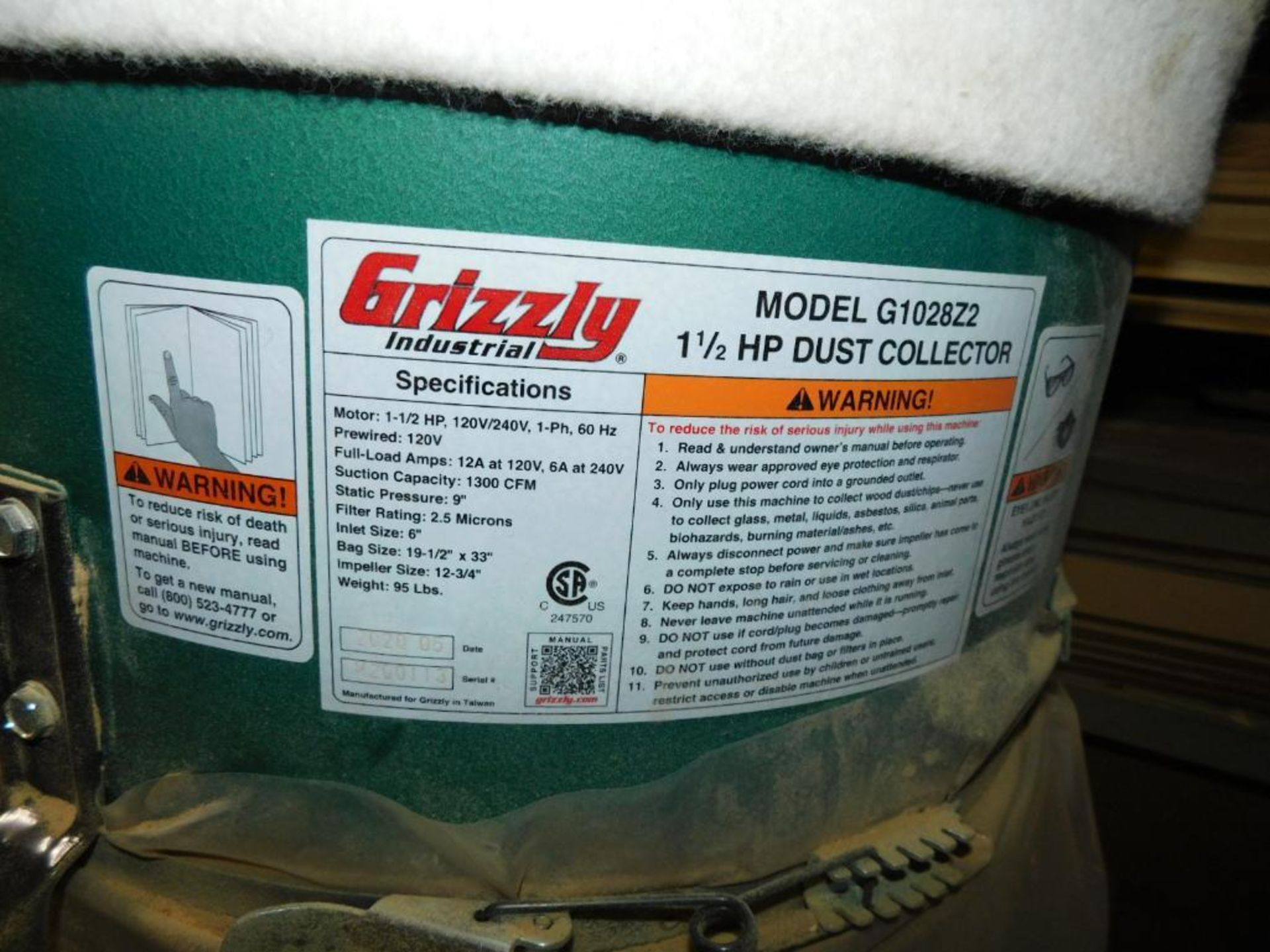 Grizzly G1028Z2 1-1/2 HP Portable Dust Collector - Image 3 of 3