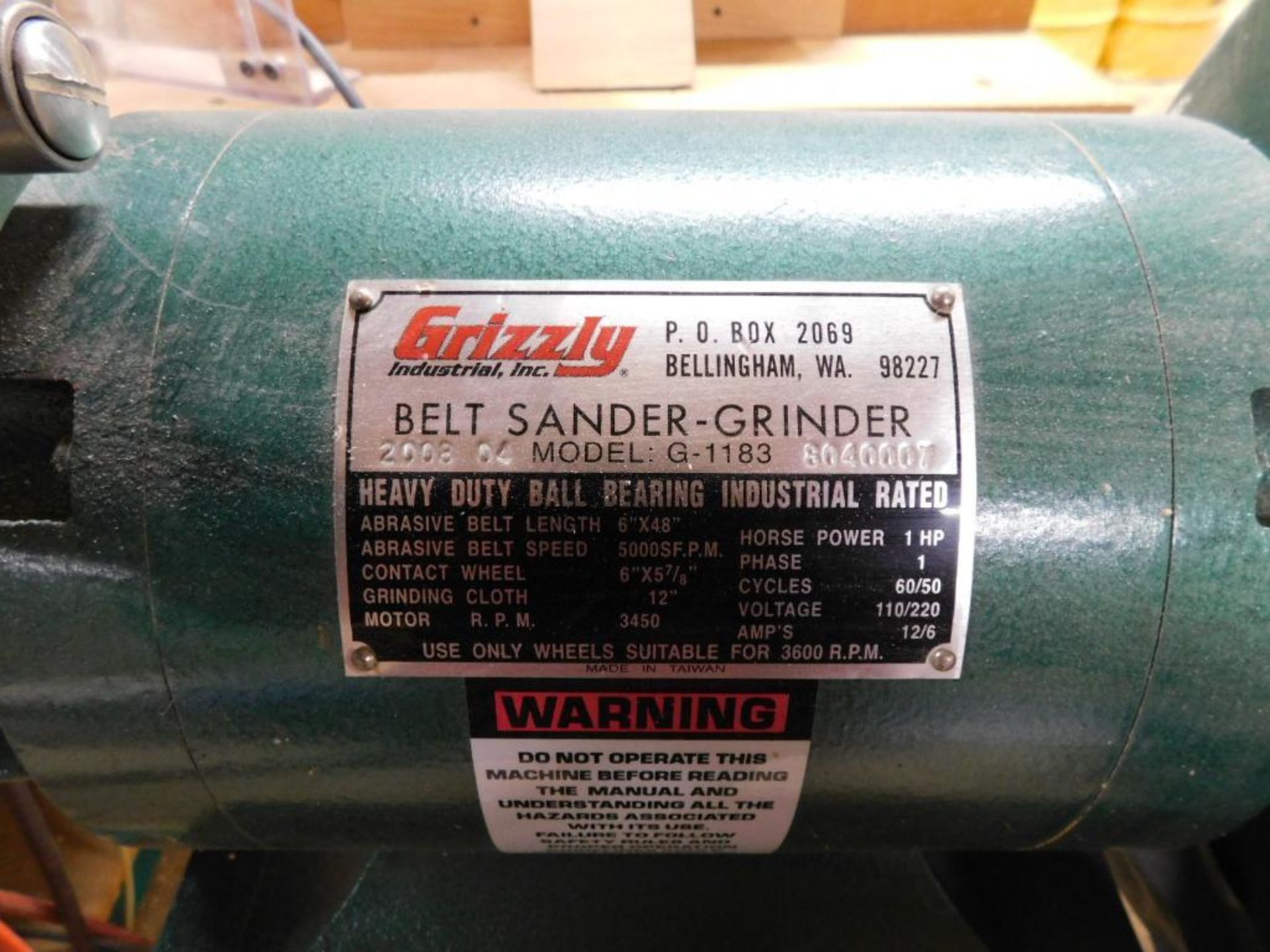 Grizzly Combo Belt Sander/Disc Grinder, Model G-1183, S/N 8040007 (2008), 6" Belt, 12" Grinder Wheel - Image 5 of 5