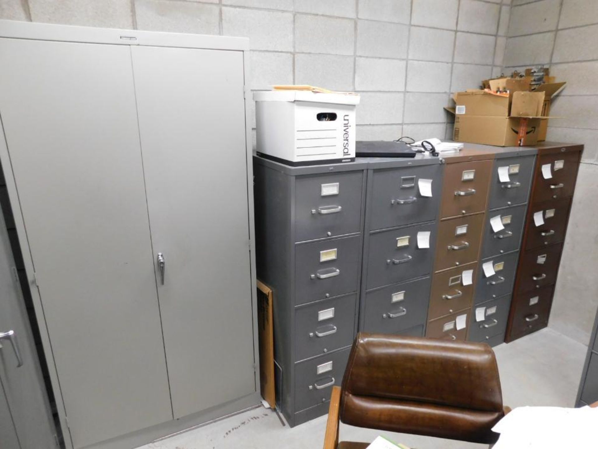 LOT: Contents of Walk -In Safe, File Cabinets, Metal Cabinets, Shaw Walker Safe w/Combination, Destr