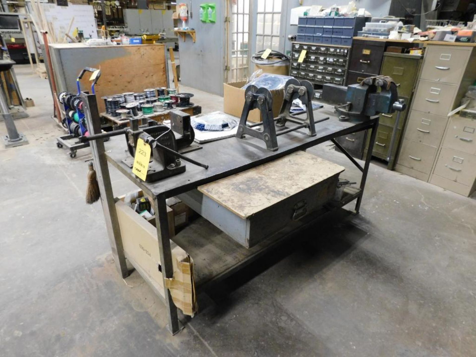 LOT: Fabrication Table w/6" Jaw Morgan Vise, Small Arbor Press, Balancing Stand, Assorted Saw Blades