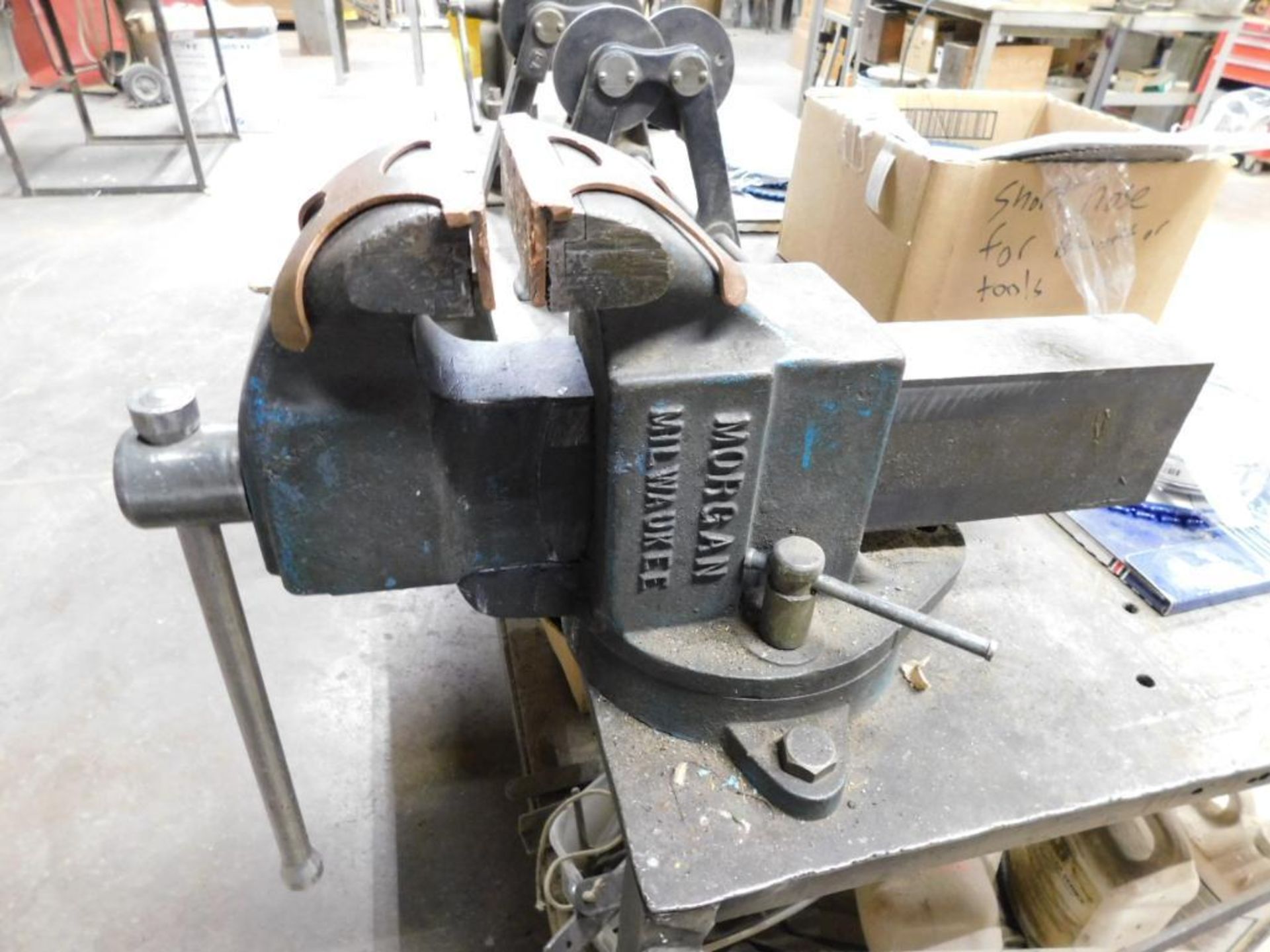 LOT: Fabrication Table w/6" Jaw Morgan Vise, Small Arbor Press, Balancing Stand, Assorted Saw Blades - Image 6 of 10