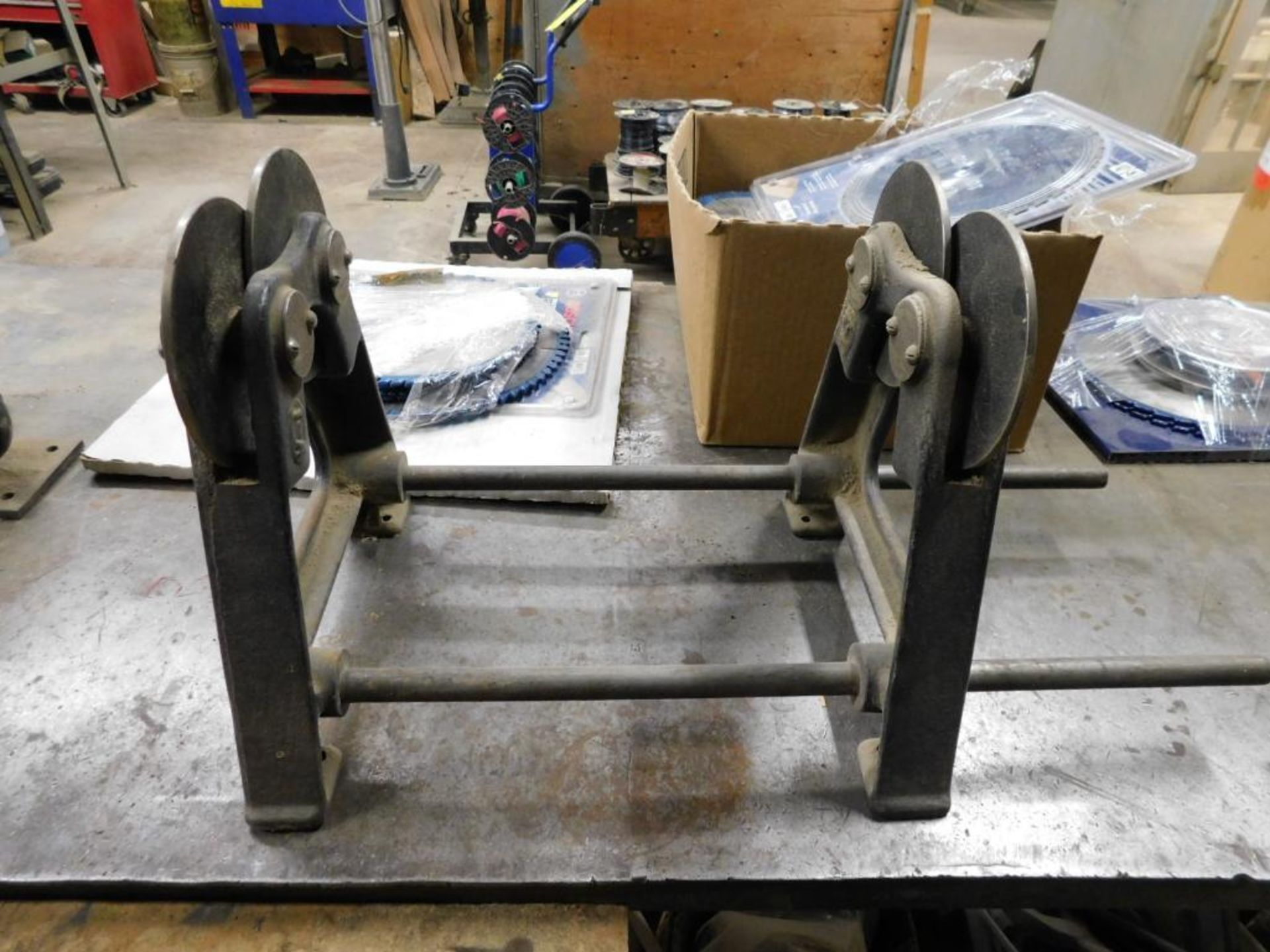 LOT: Fabrication Table w/6" Jaw Morgan Vise, Small Arbor Press, Balancing Stand, Assorted Saw Blades - Image 4 of 10