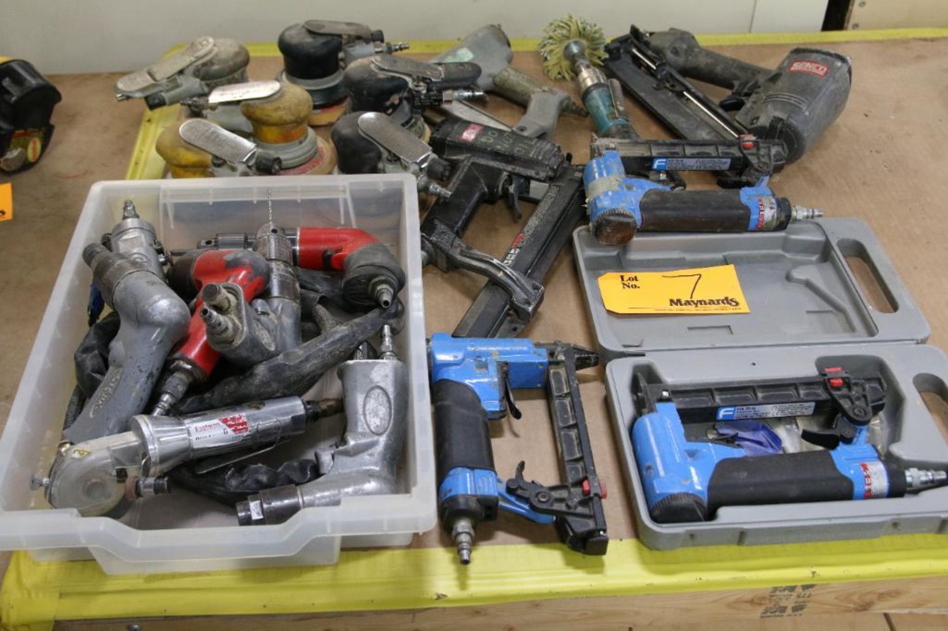 LOT: Air-Powered Hand Tools Including Orbital Sanders, Drills, Staple and Nail Guns