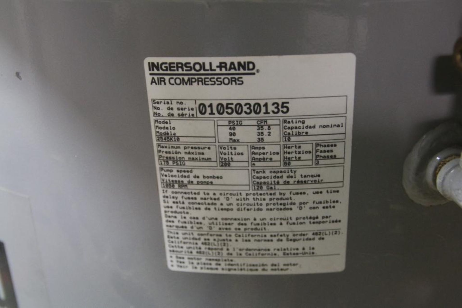 Ingersoll Rand 2545K10 Air Compressor, 120 Gallon, 175PSI, S/N 015030135 - Image 3 of 3