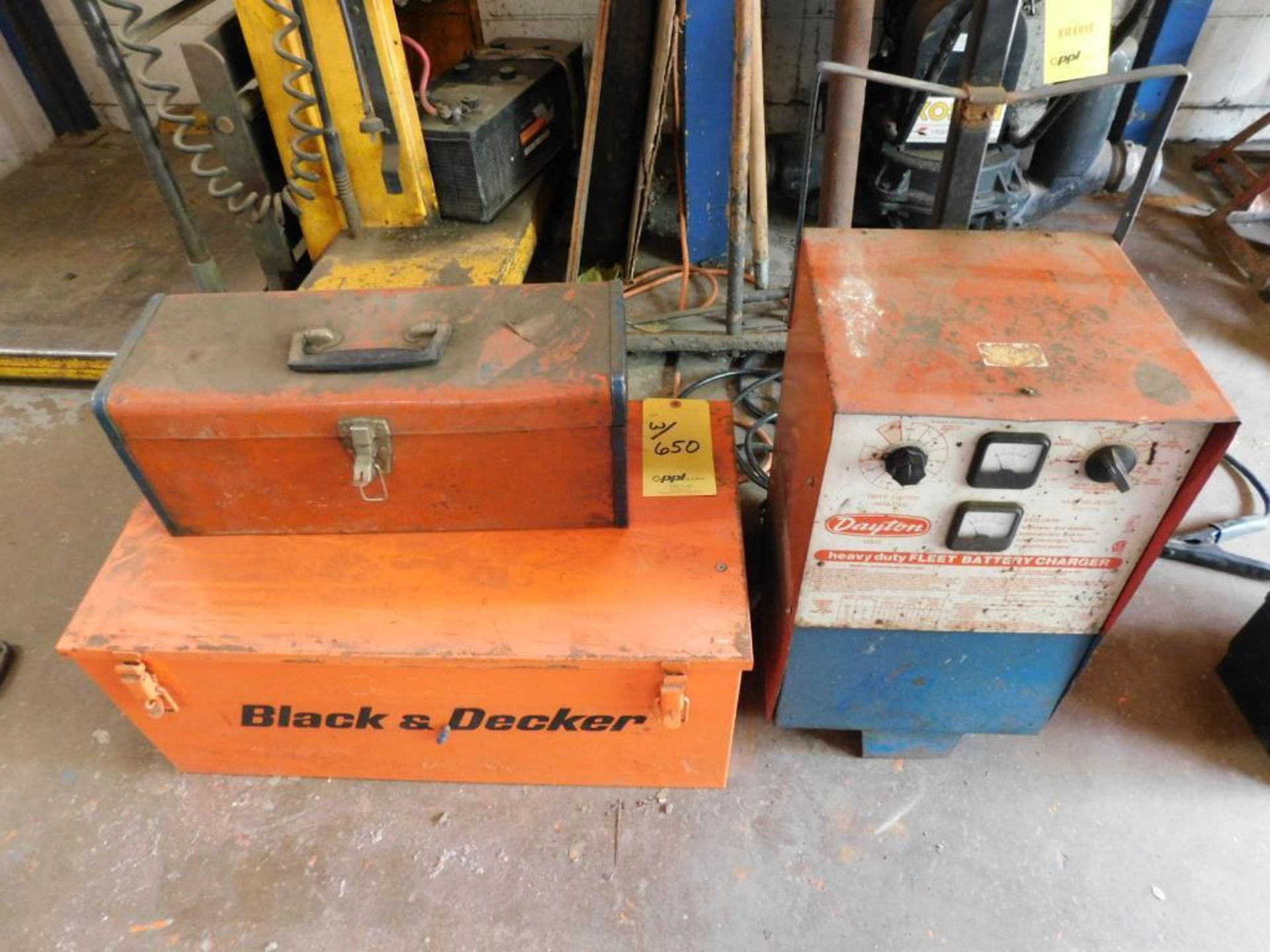 LOT: Dayton Heavy Duty Fleet Battery Charger, Black & Decker Metal Tool Box w/Casters, Mini-Power Po