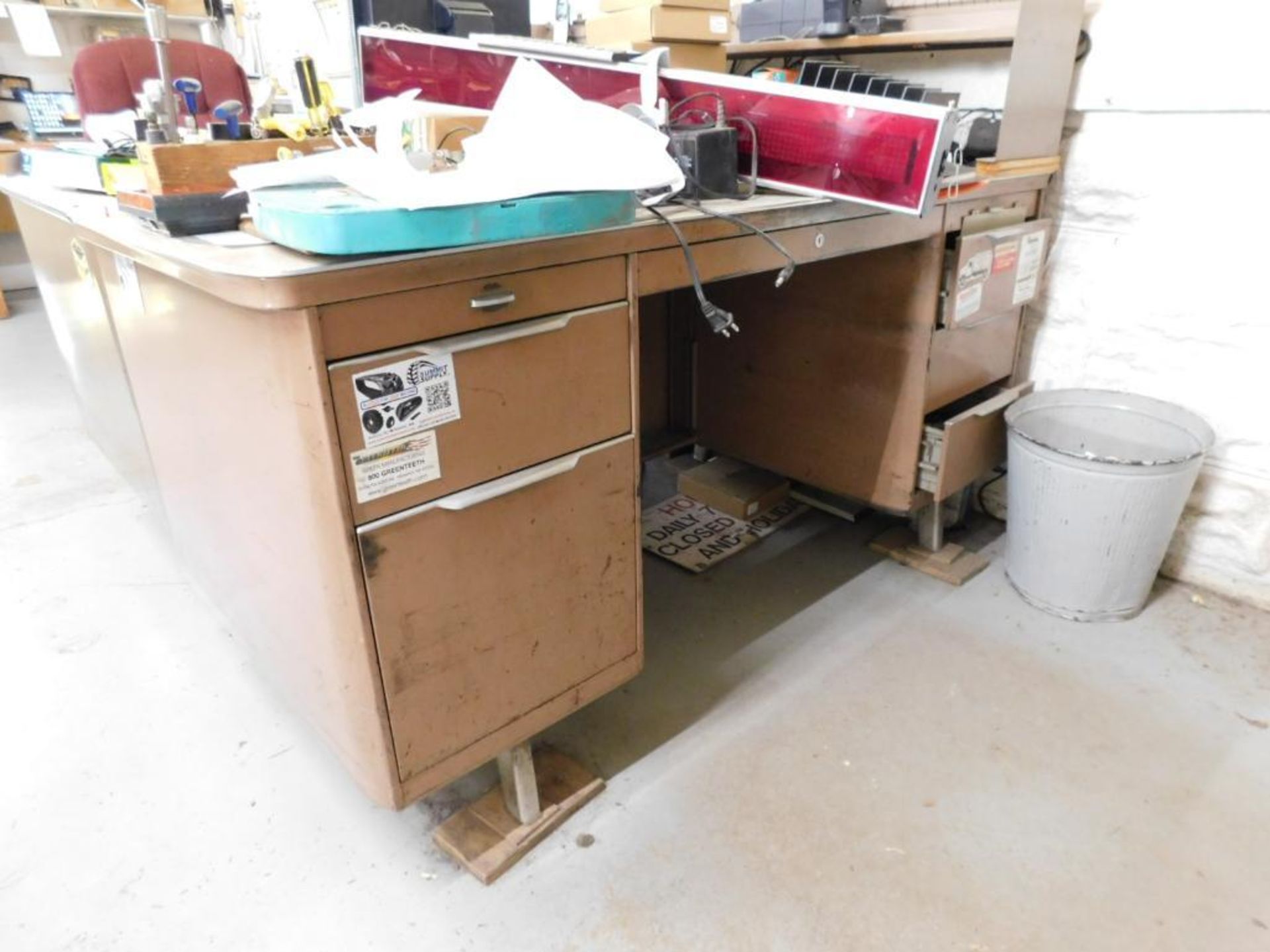 LOT: Contents of Front Office: (2) Desks, Filing Cabinet, Tool Box, Parts Bins w/ Contents, Computer - Image 2 of 12
