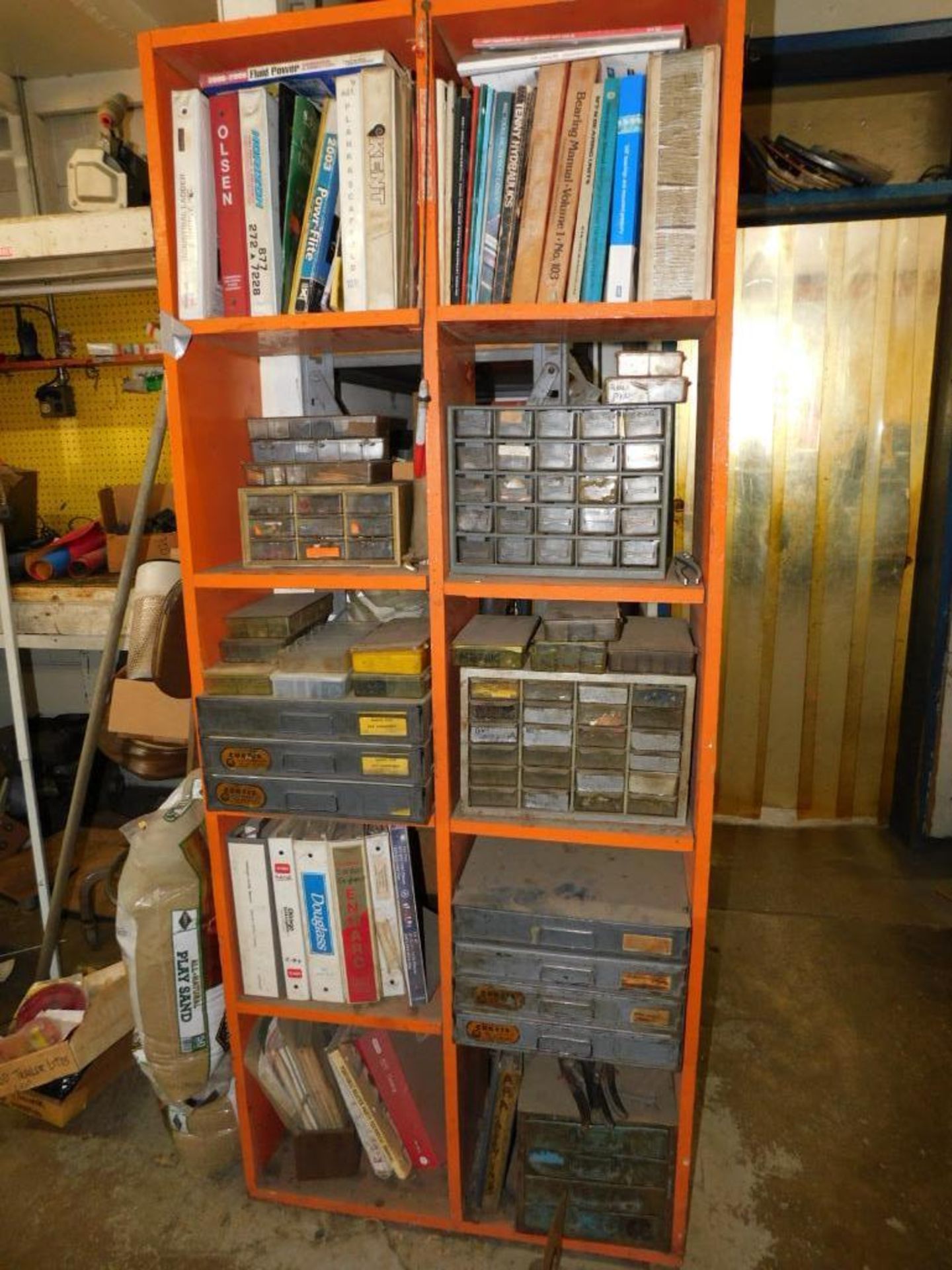 LOT: Contents of Front Office: (2) Desks, Filing Cabinet, Tool Box, Parts Bins w/ Contents, Computer - Image 9 of 12
