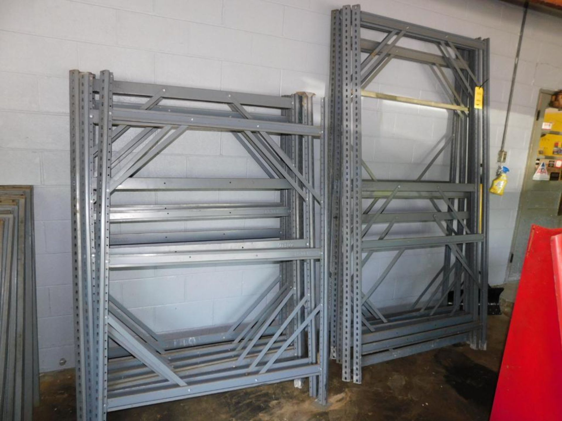 LOT: Assorted Disassembled Racking, (6) 8' Uprights, (8) 6' Uprights, 5' & 8' Crossbars, Decking - Image 2 of 7