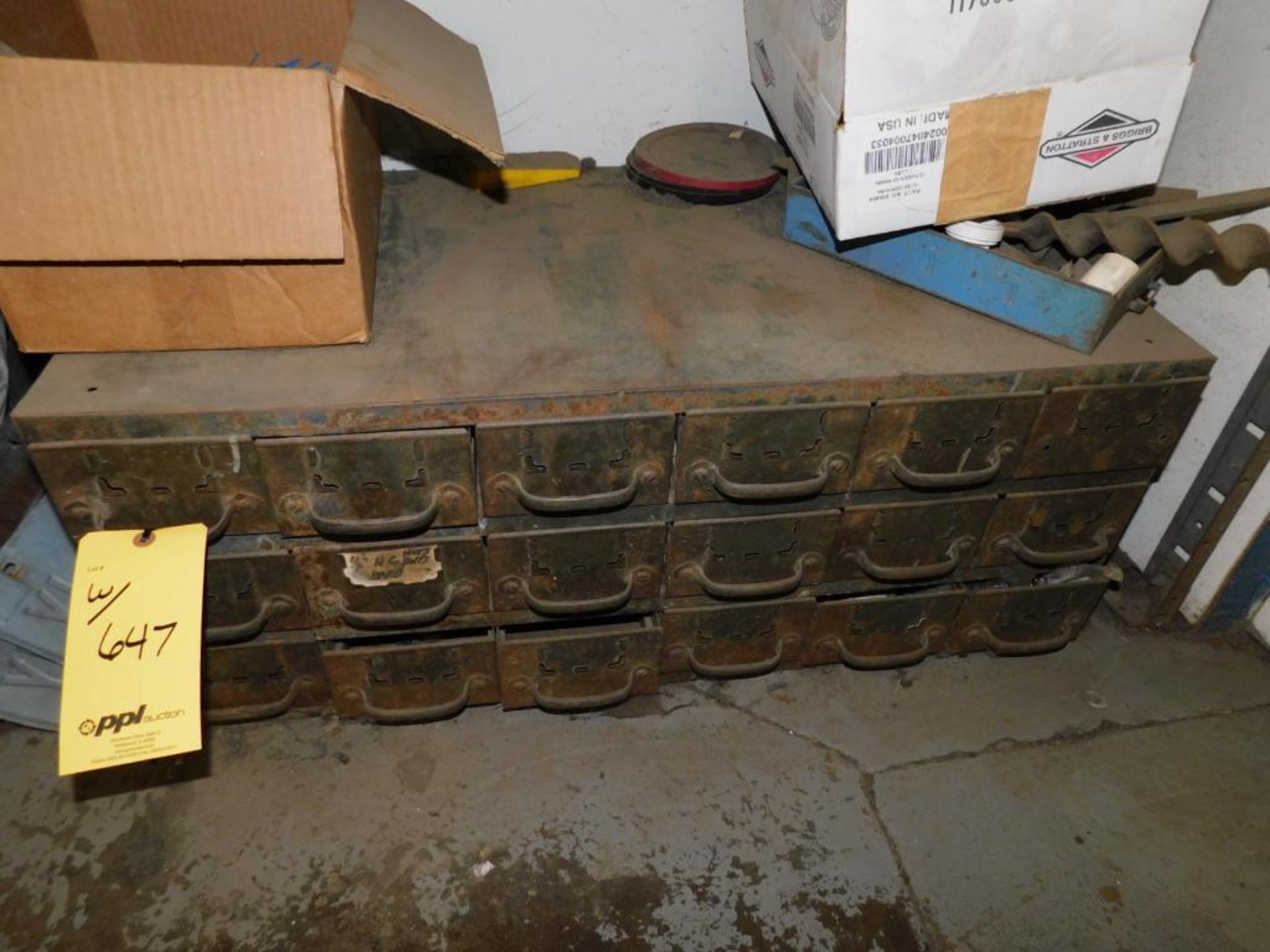 LOT: Contents of Front Office: (2) Desks, Filing Cabinet, Tool Box, Parts Bins w/ Contents, Computer - Image 7 of 12