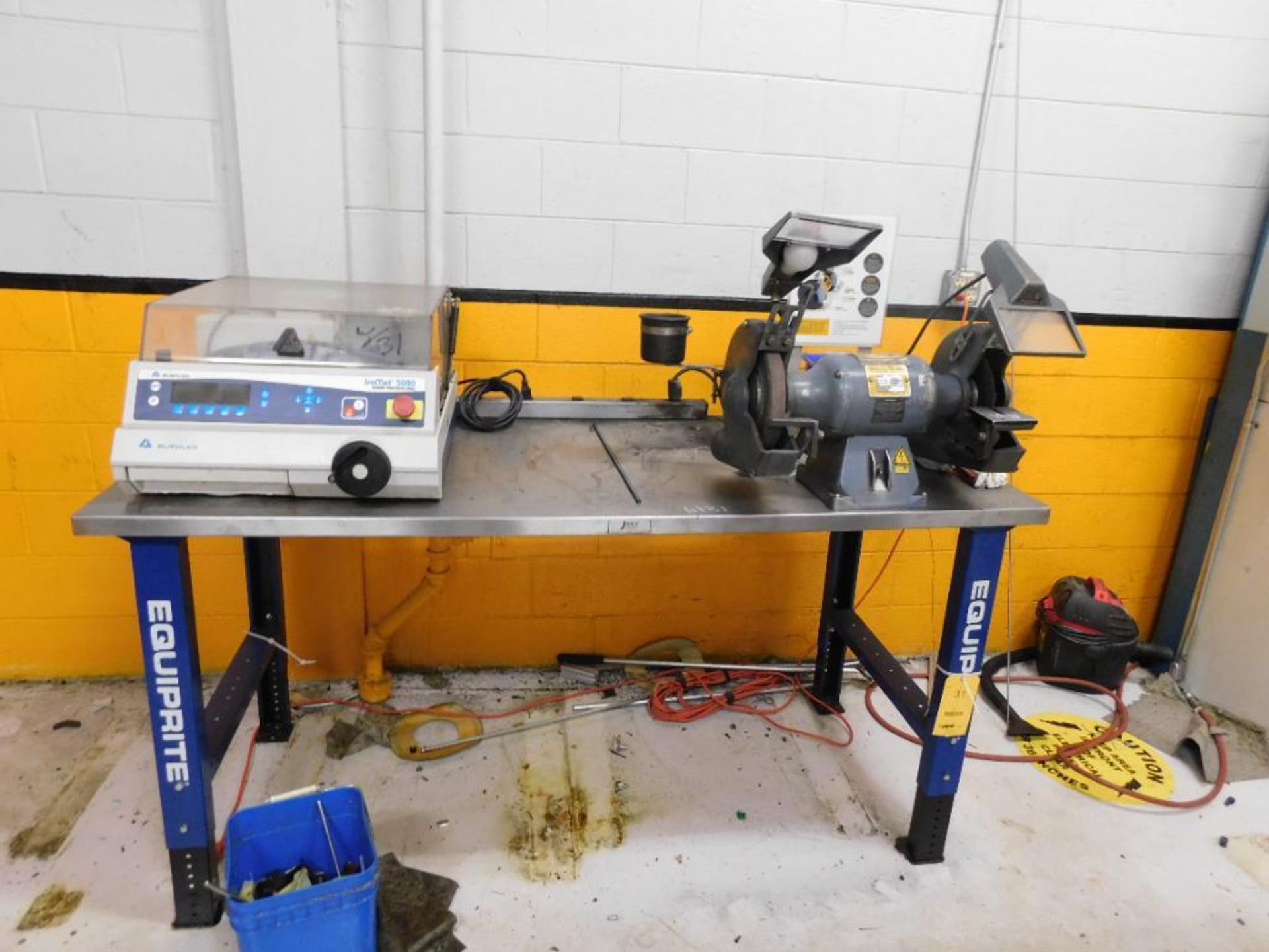 LOT: 72" x 30" Stainless Top Workbench w/Baldor 10" Double End Grinder & Repairable Isomet 5000 Line