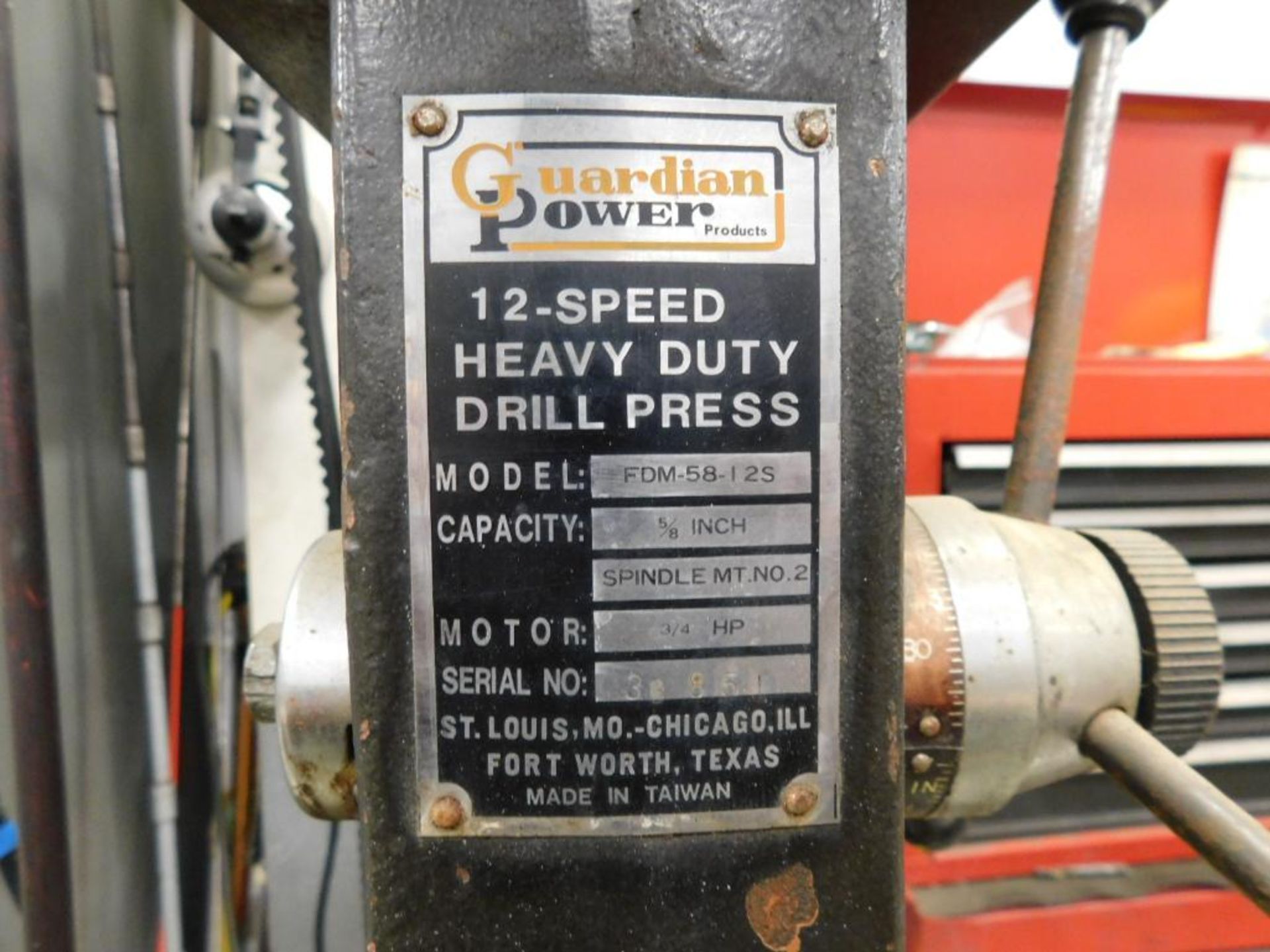 Guardian Power FDM-58-12S 5/8" 3/4 HP Drill Press, S/N 33851, 11" Dia. Table, 7" Throat - Image 4 of 4
