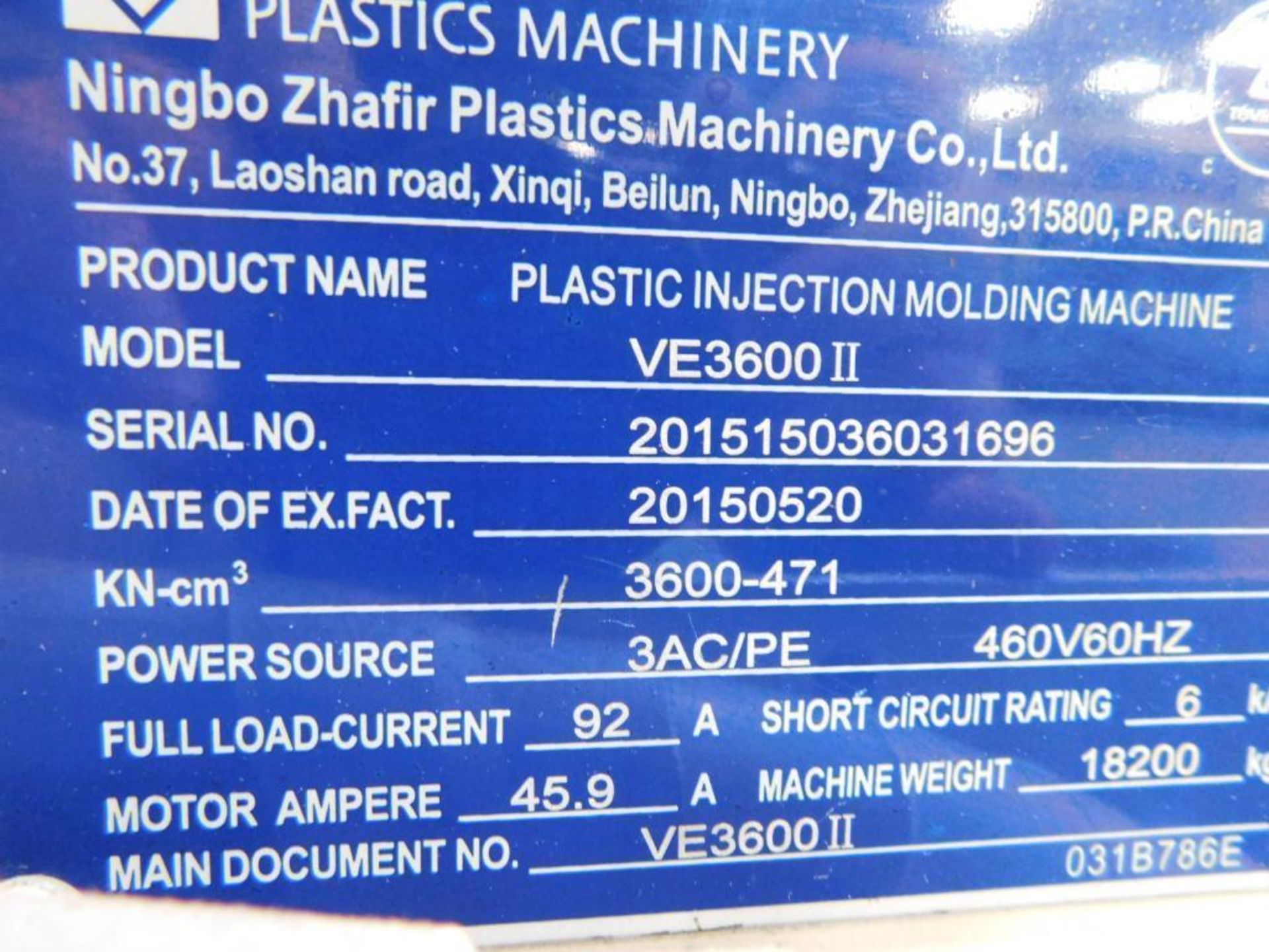 Haitian Zhafir Venus VE3600II Electric Plastic Injection Molding Machine 405-Ton 15-oz. Shot Size S/ - Image 12 of 12