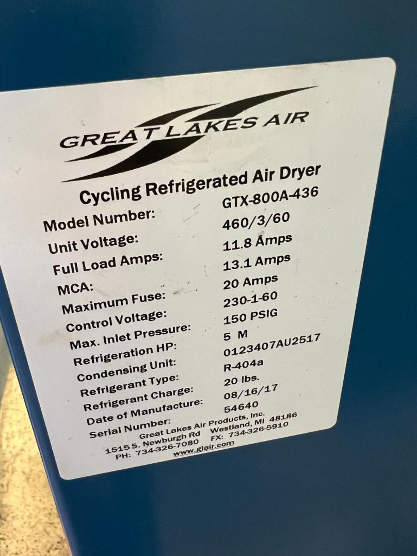 Great Lakes GTX-800A-436 Air Cycling Refrigerated Air Dryer, S/N 54640 (2017) - Image 4 of 4