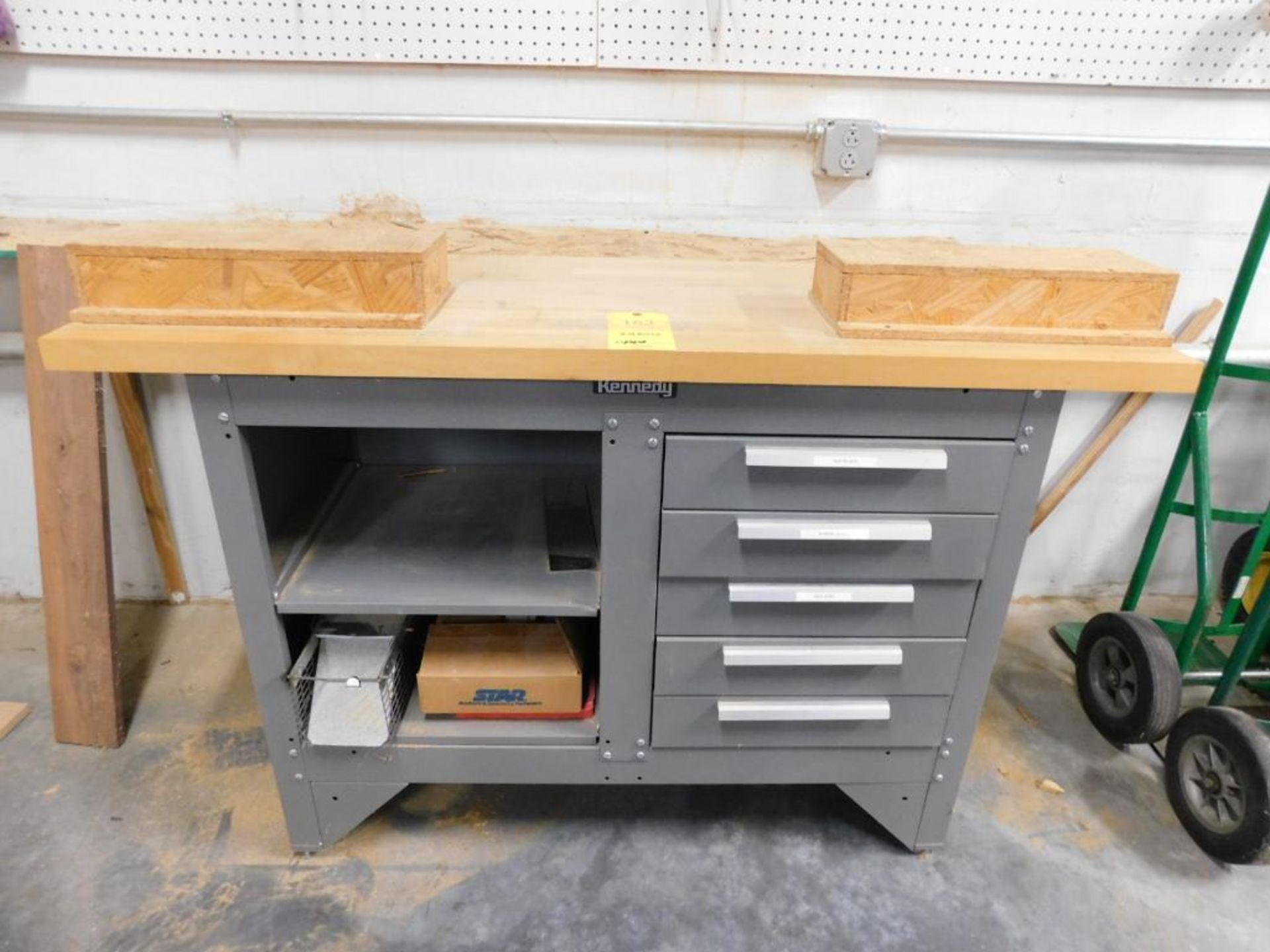 LOT: Kennedy 54" x 20" Maple Top 5-Drawer Work Bench w/Contents of Wood Work Supplies (LOCATION: IN